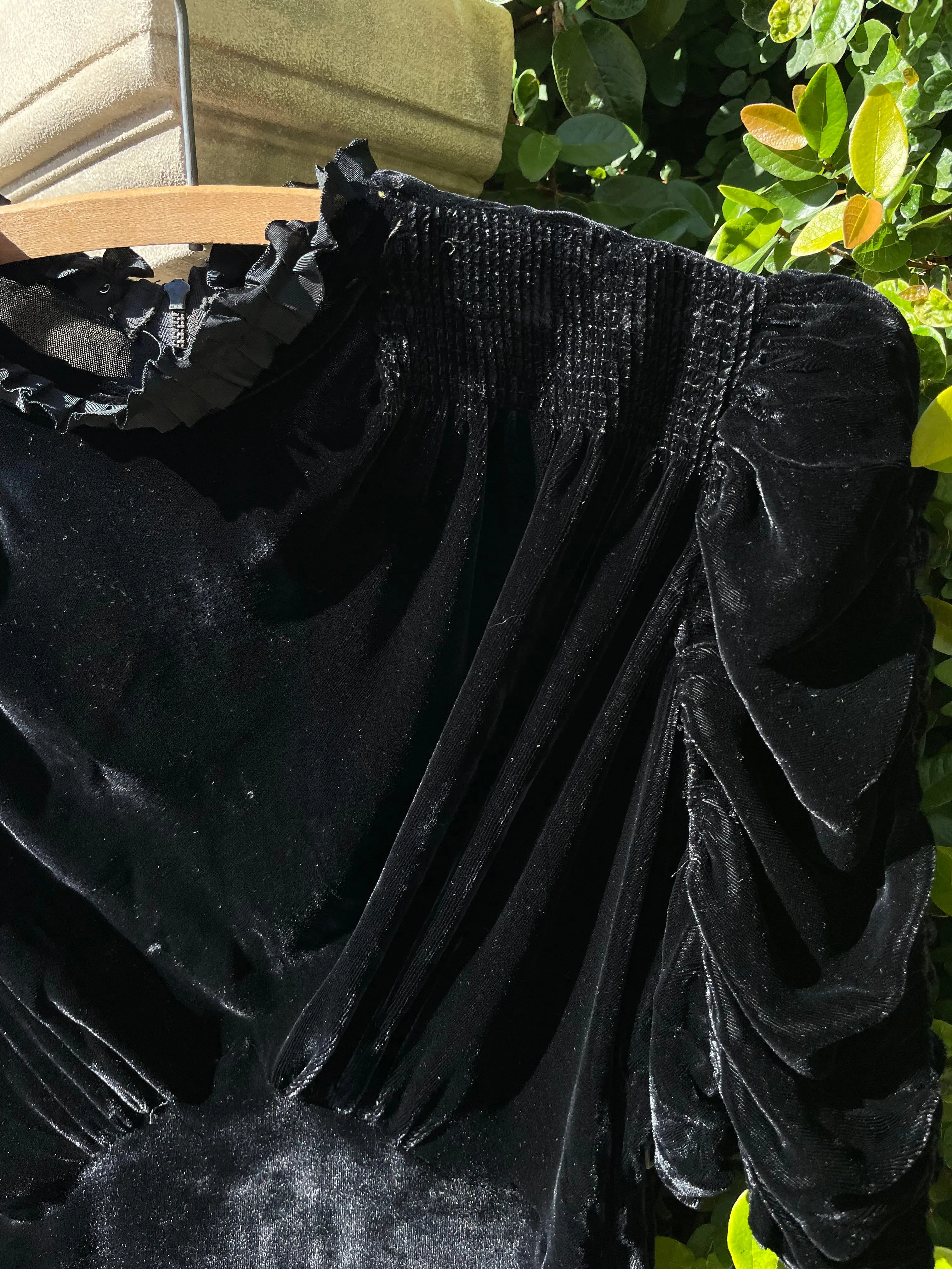 1940s Ruched Sleeve Silk Velvet Ruffle Trim Dress