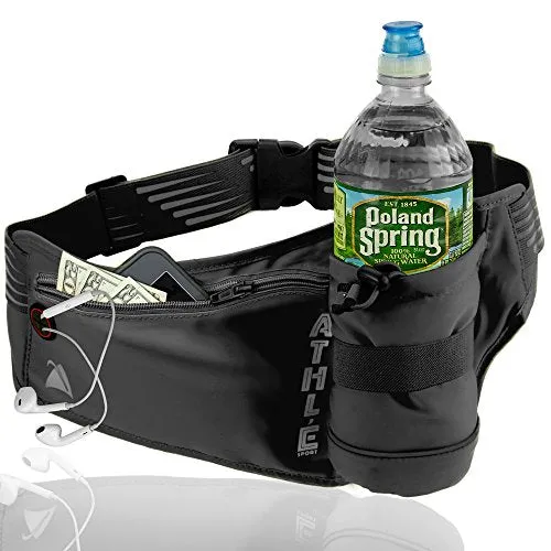 Athlé Running Fanny Pack with Water Bottle Holder - Adjustable Run Belt Storage Pouch with Zipper Pocket for Sports and Travel – 360° Reflective Band – Fits iPhone Plus, Galaxy Note – Black/Silver