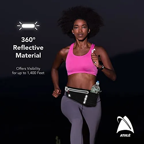 Athlé Running Fanny Pack with Water Bottle Holder - Adjustable Run Belt Storage Pouch with Zipper Pocket for Sports and Travel – 360° Reflective Band – Fits iPhone Plus, Galaxy Note – Black/Silver