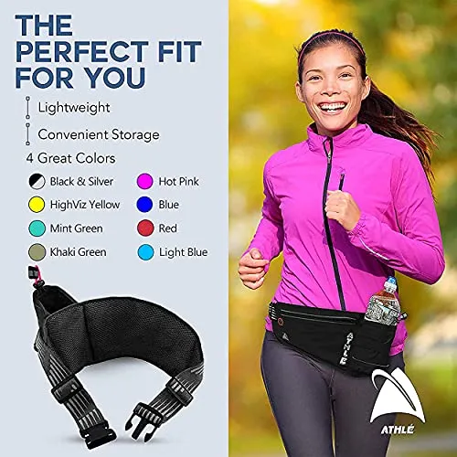 Athlé Running Fanny Pack with Water Bottle Holder - Adjustable Run Belt Storage Pouch with Zipper Pocket for Sports and Travel – 360° Reflective Band – Fits iPhone Plus, Galaxy Note – Black/Silver
