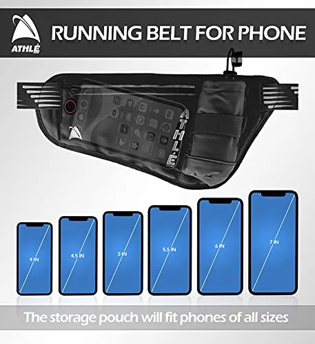 Athlé Running Fanny Pack with Water Bottle Holder - Adjustable Run Belt Storage Pouch with Zipper Pocket for Sports and Travel – 360° Reflective Band – Fits iPhone Plus, Galaxy Note – Black/Silver