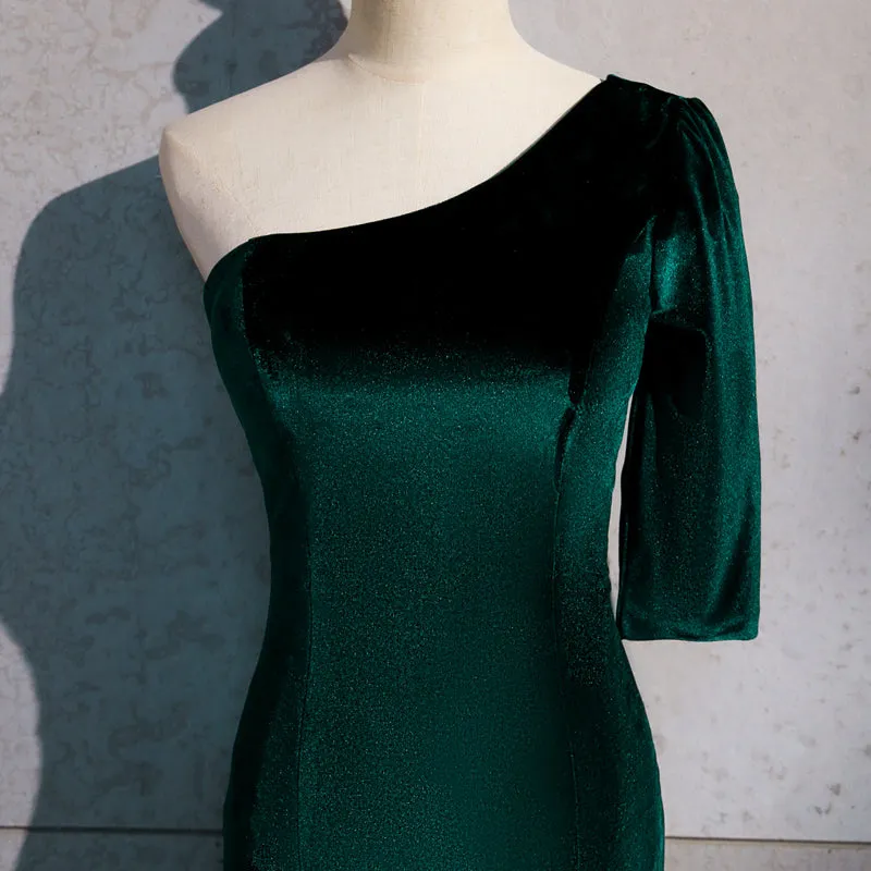 Beautiful Dark Green One Shoulder Evening Dress, Green Mermaid Formal Dresses