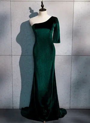 Beautiful Dark Green One Shoulder Evening Dress, Green Mermaid Formal Dresses