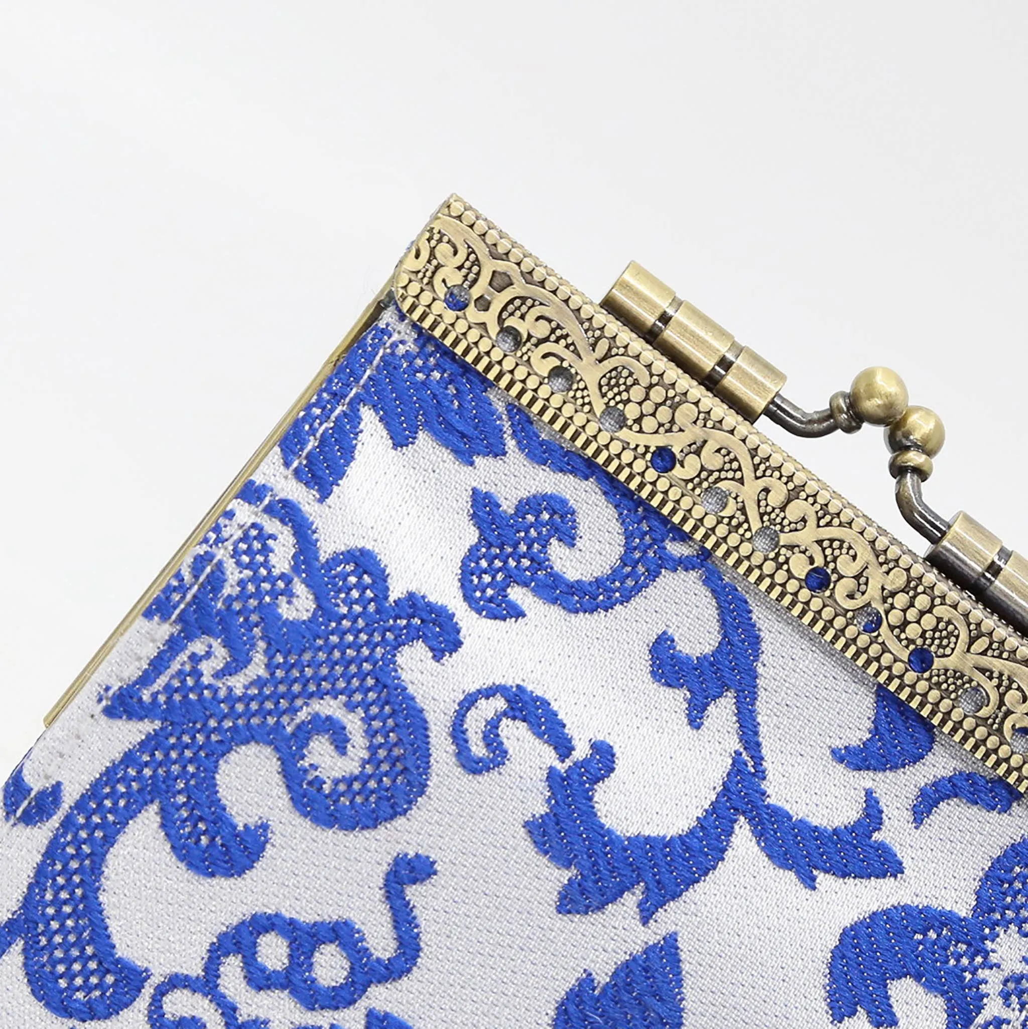 Blue and White Floral Brocade Card Holder with RFID: Blue & White
