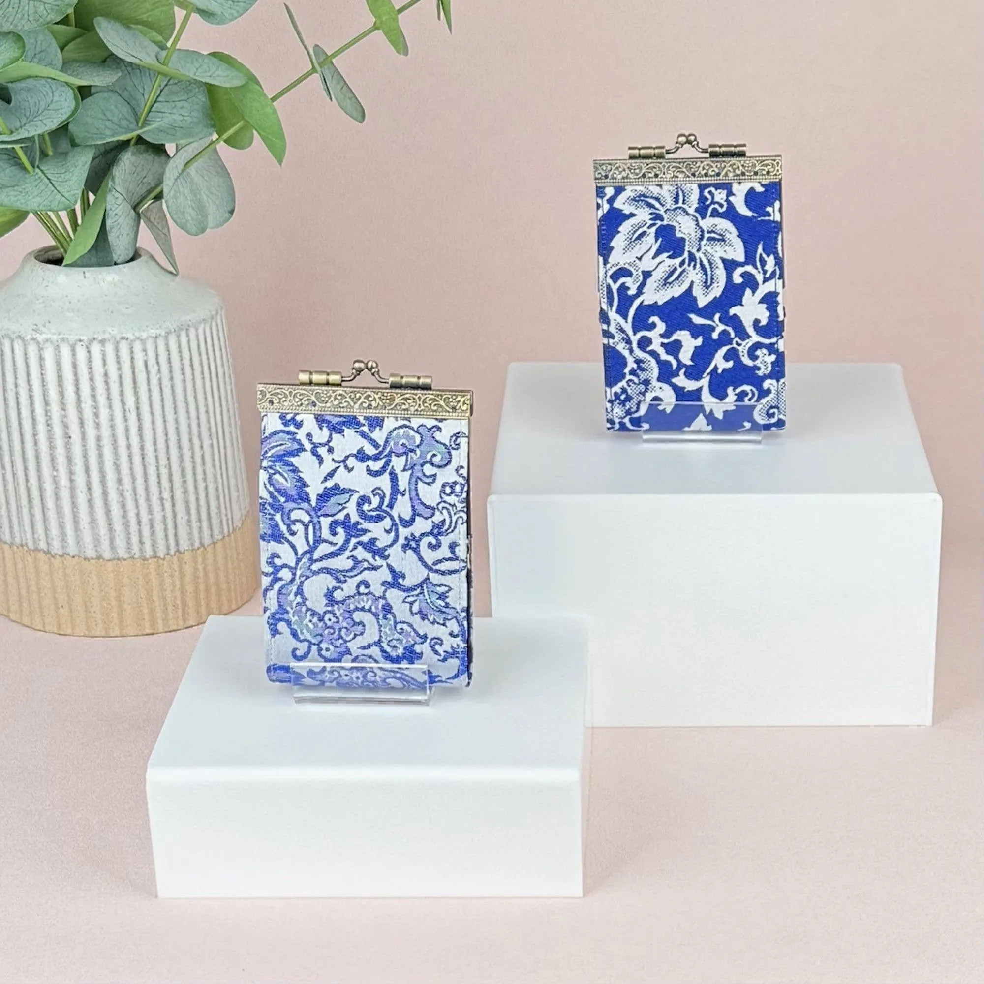Blue and White Floral Brocade Card Holder with RFID: Blue & White