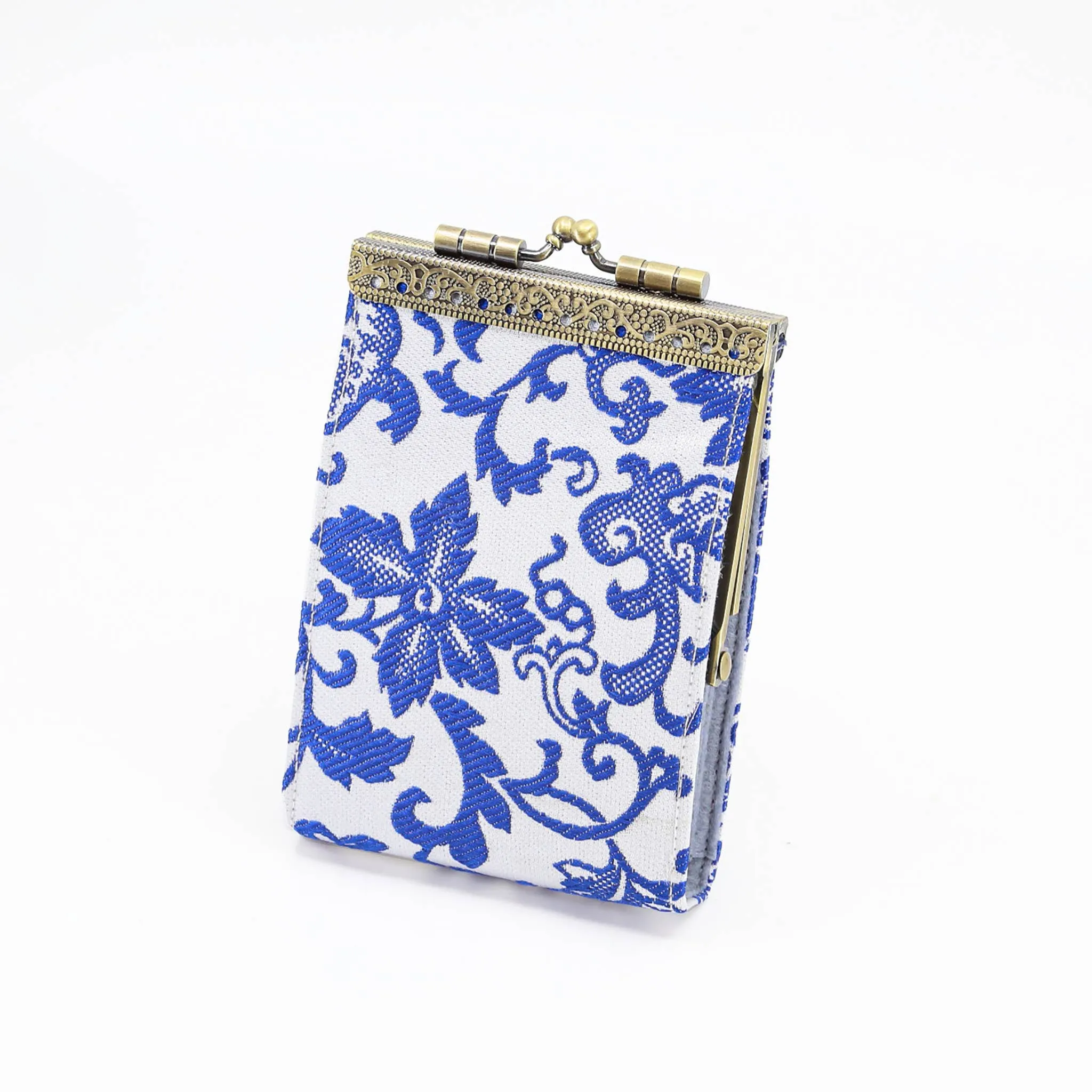 Blue and White Floral Brocade Card Holder with RFID: Blue & White