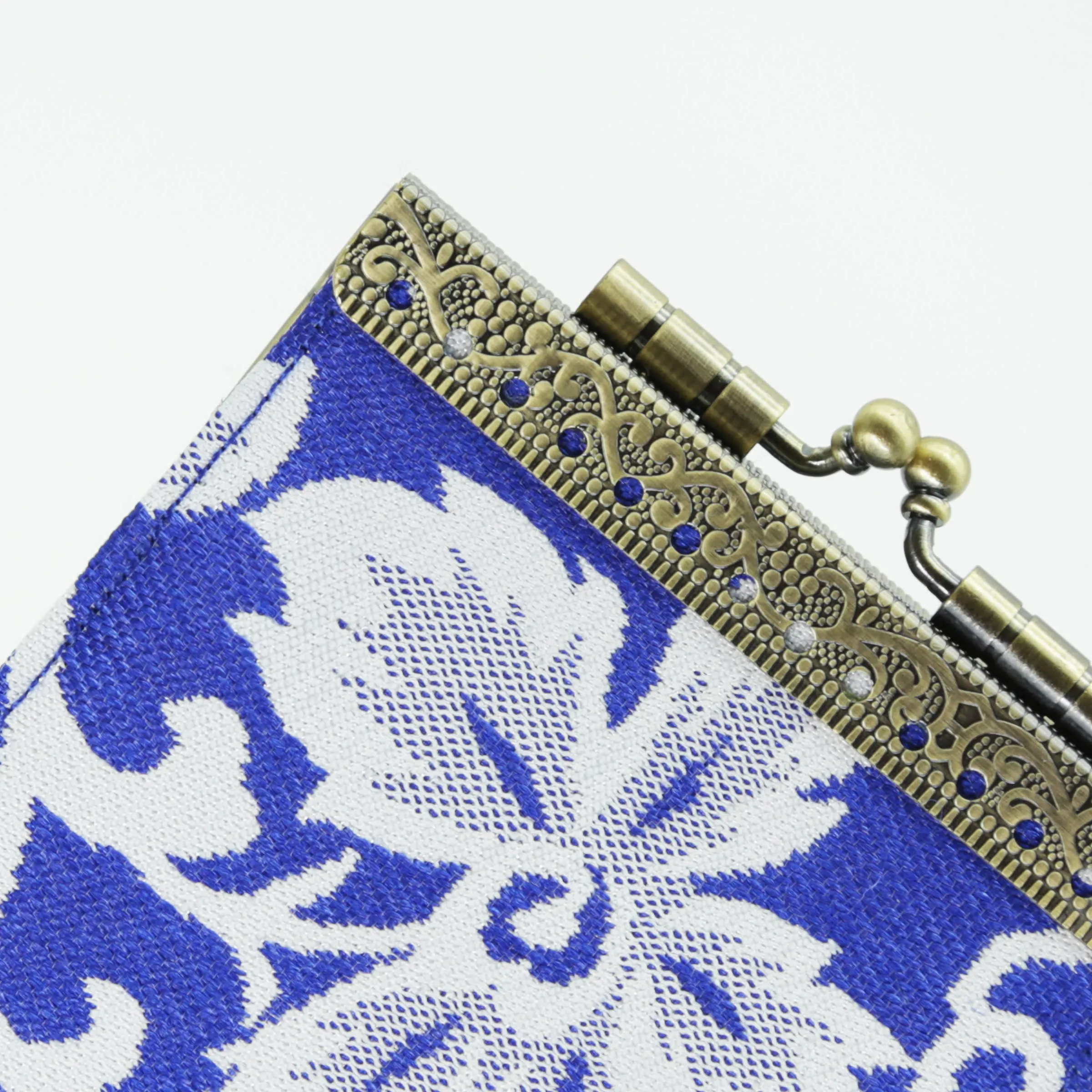 Blue and White Floral Brocade Card Holder with RFID: Blue & White