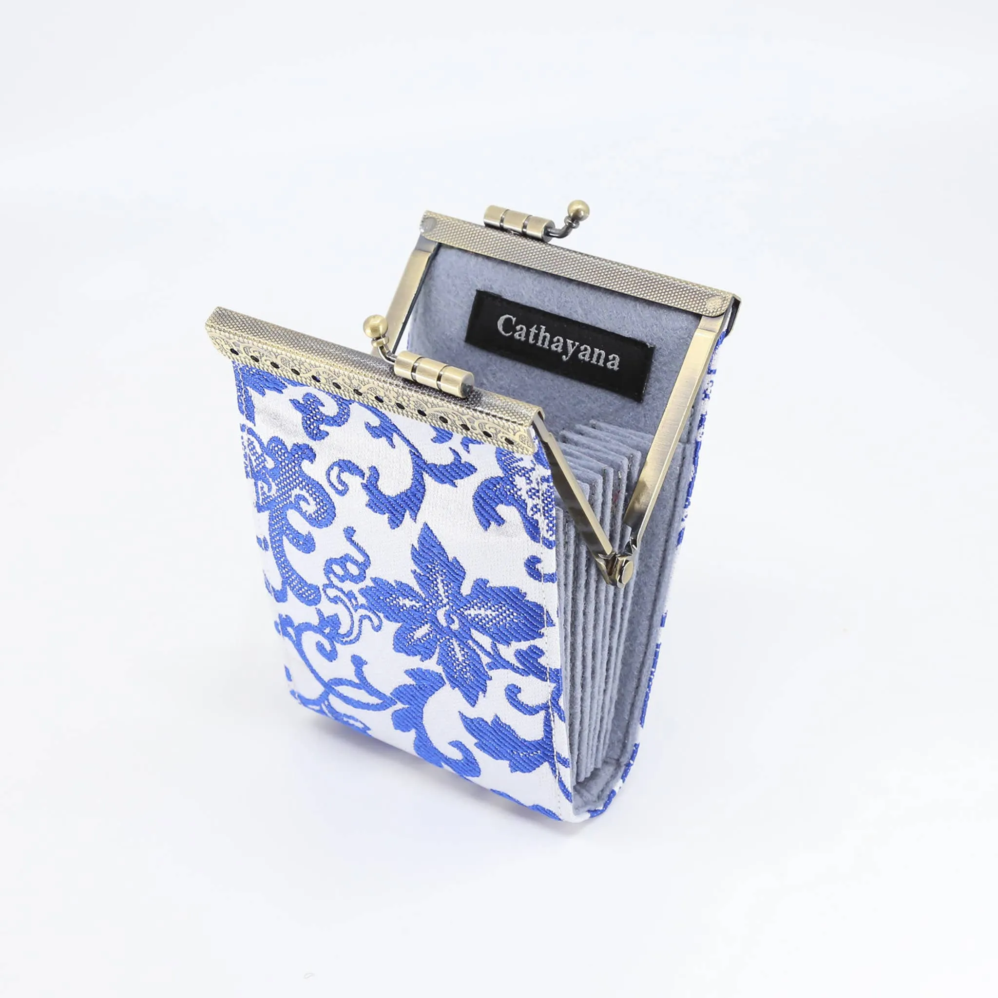 Blue and White Floral Brocade Card Holder with RFID: Blue & White