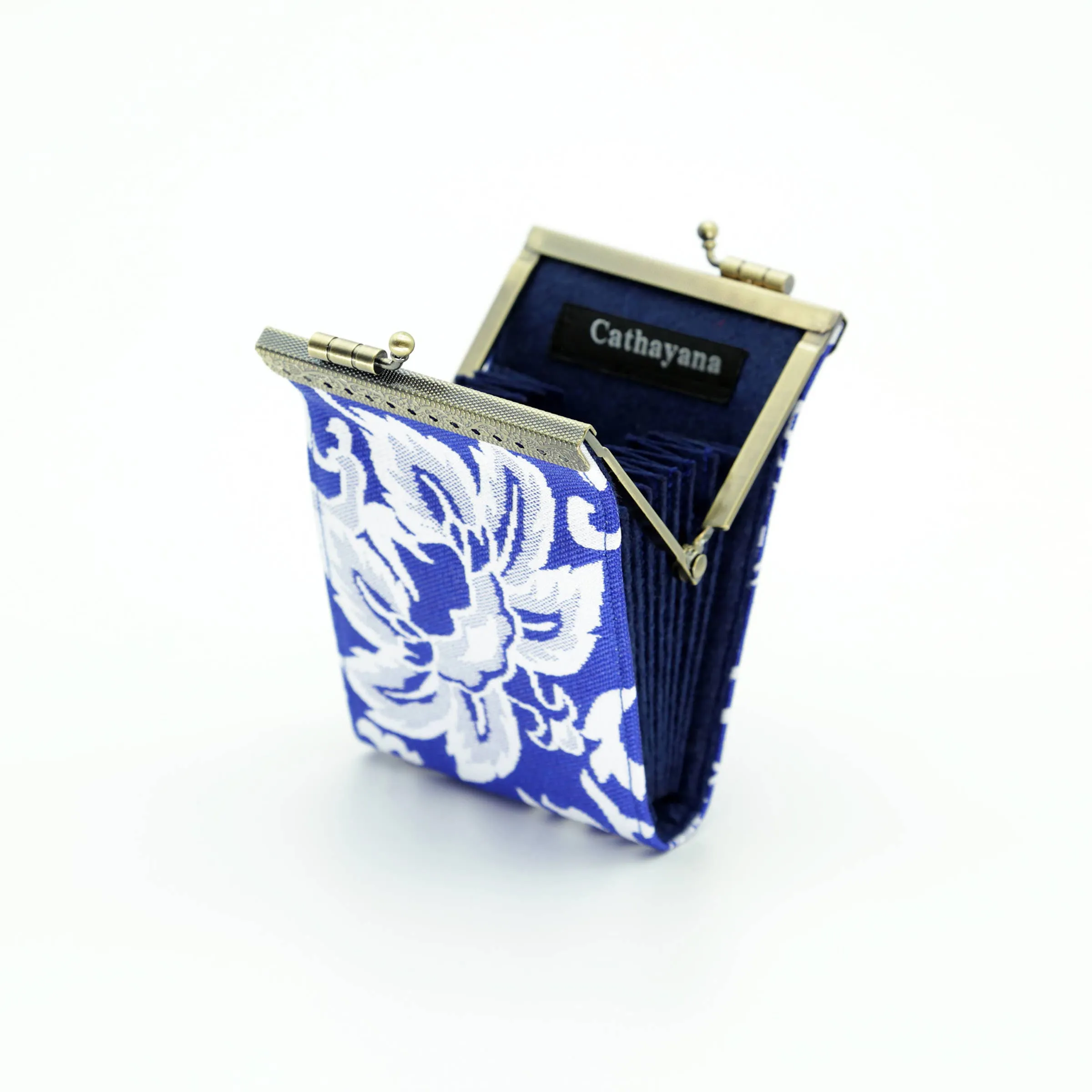Blue and White Floral Brocade Card Holder with RFID: Blue & White