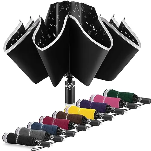 Bodyguard Large Windproof Inverted Umbrellas for Rain & Sun - Travel Folding Compact UPF 50  Automatic Umbrella with Reflective Stripe, UV Protection For Walking, Sky Blue-46IN