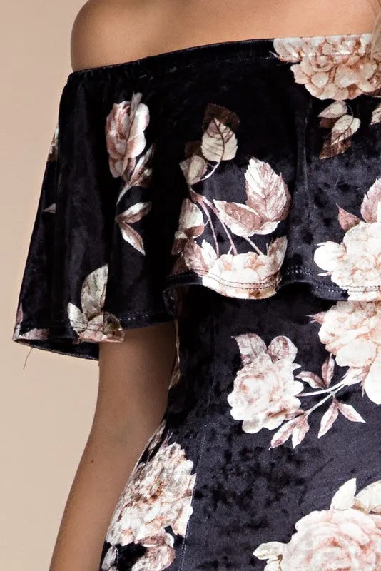 GARDEN FLORAL VELVET BODYCON DRESS