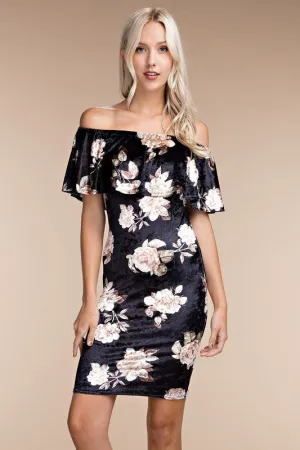 GARDEN FLORAL VELVET BODYCON DRESS