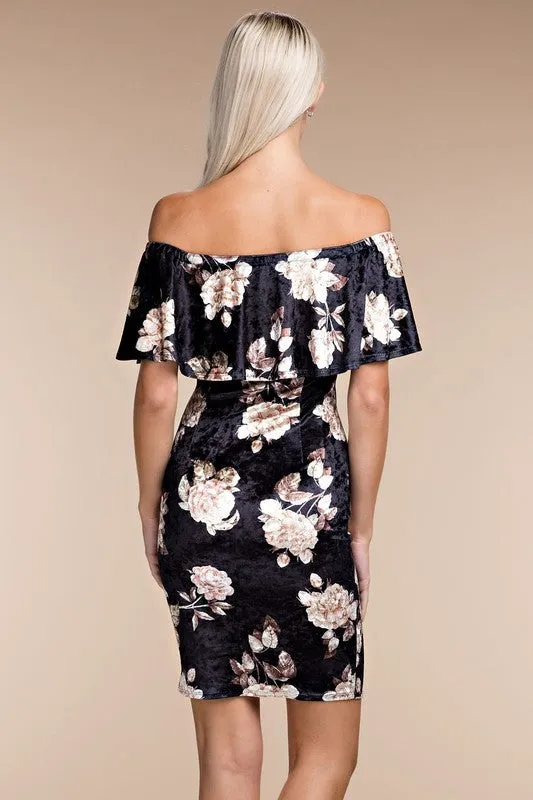 GARDEN FLORAL VELVET BODYCON DRESS