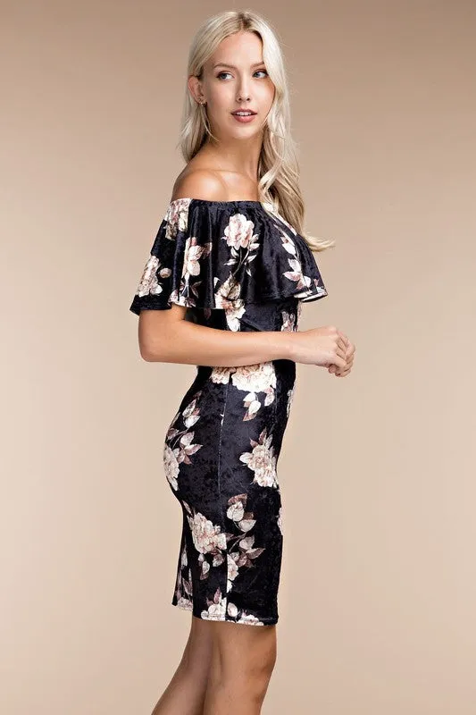 GARDEN FLORAL VELVET BODYCON DRESS