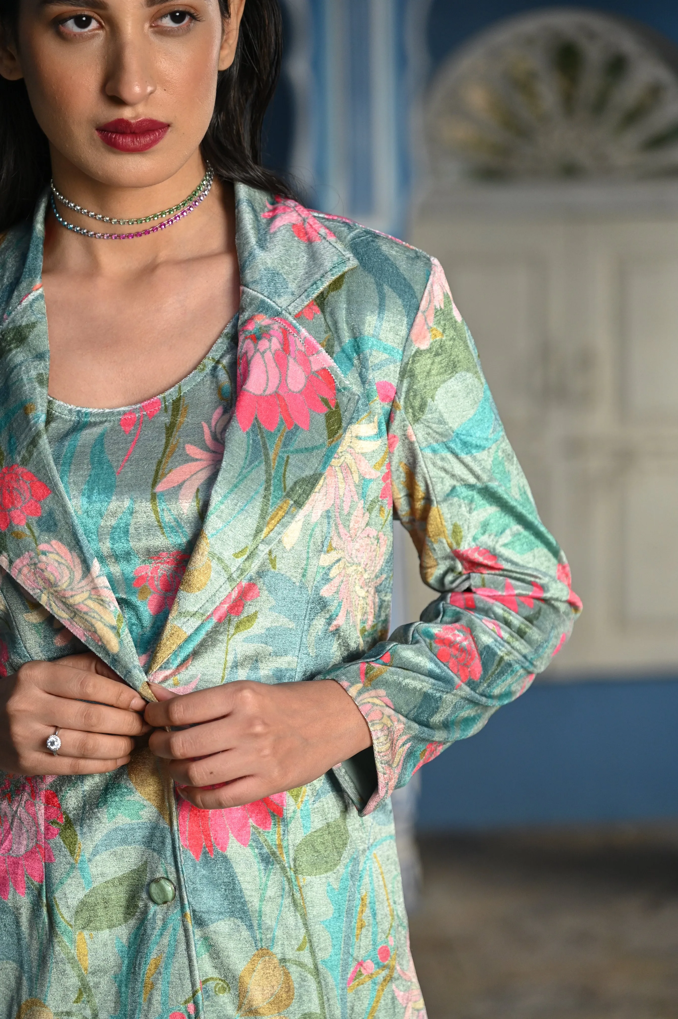 Green Blossom Velvet Co-ord Set