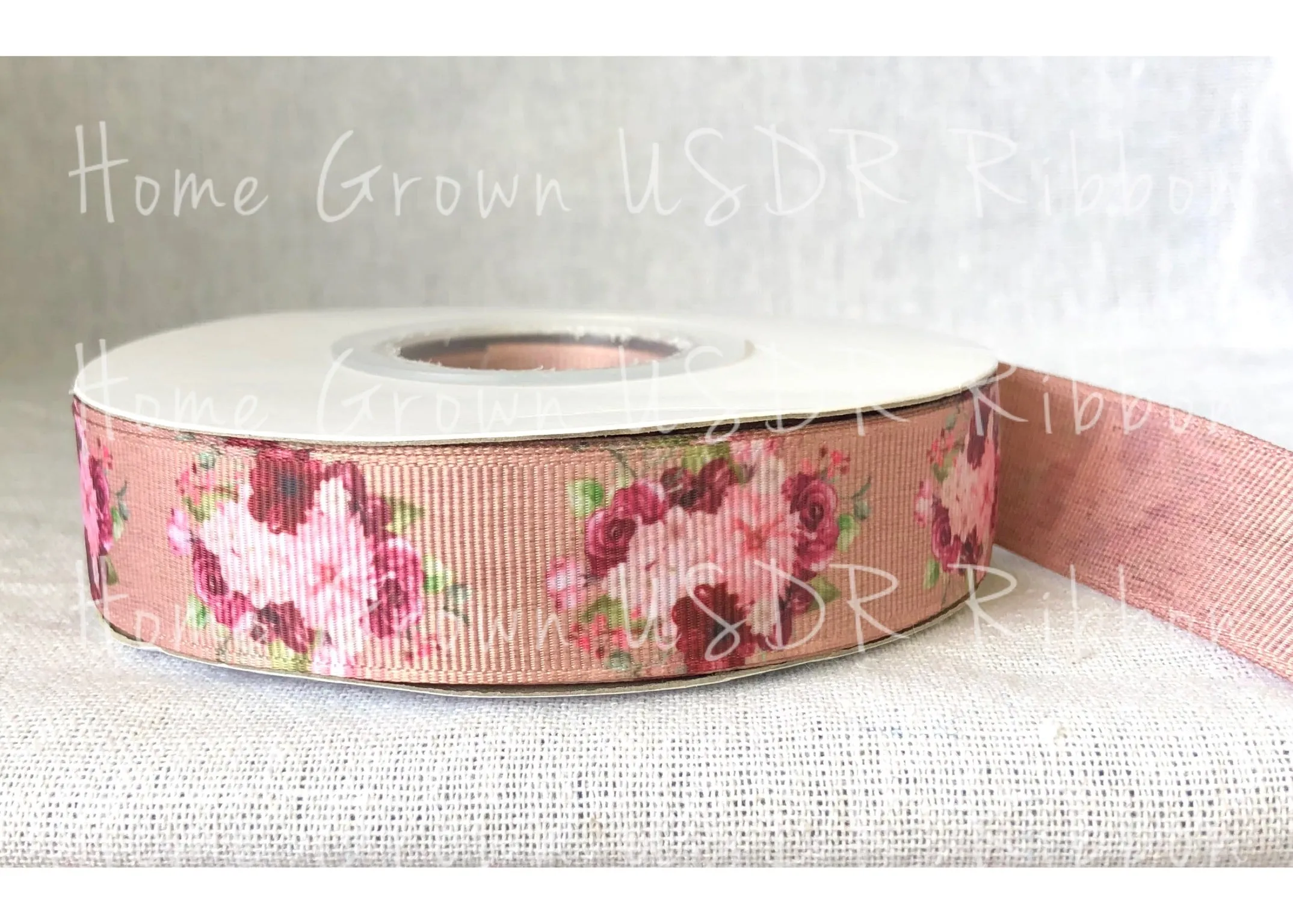 Maroon Roses Burlap Double Sided USDR Ribbon - 7/8 Inch