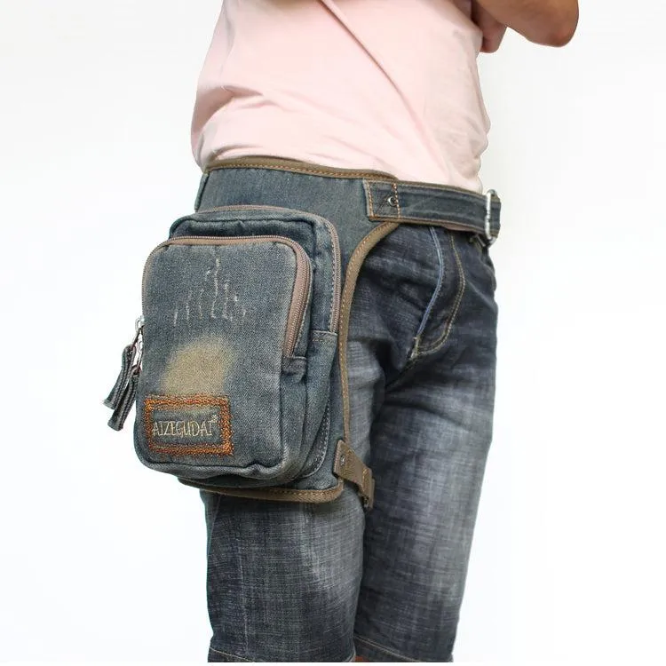 Mens Denim Thigh Bag Fanny Pack for Men Drop Leg Bag Blue Denim Bum Bag Waist Bags