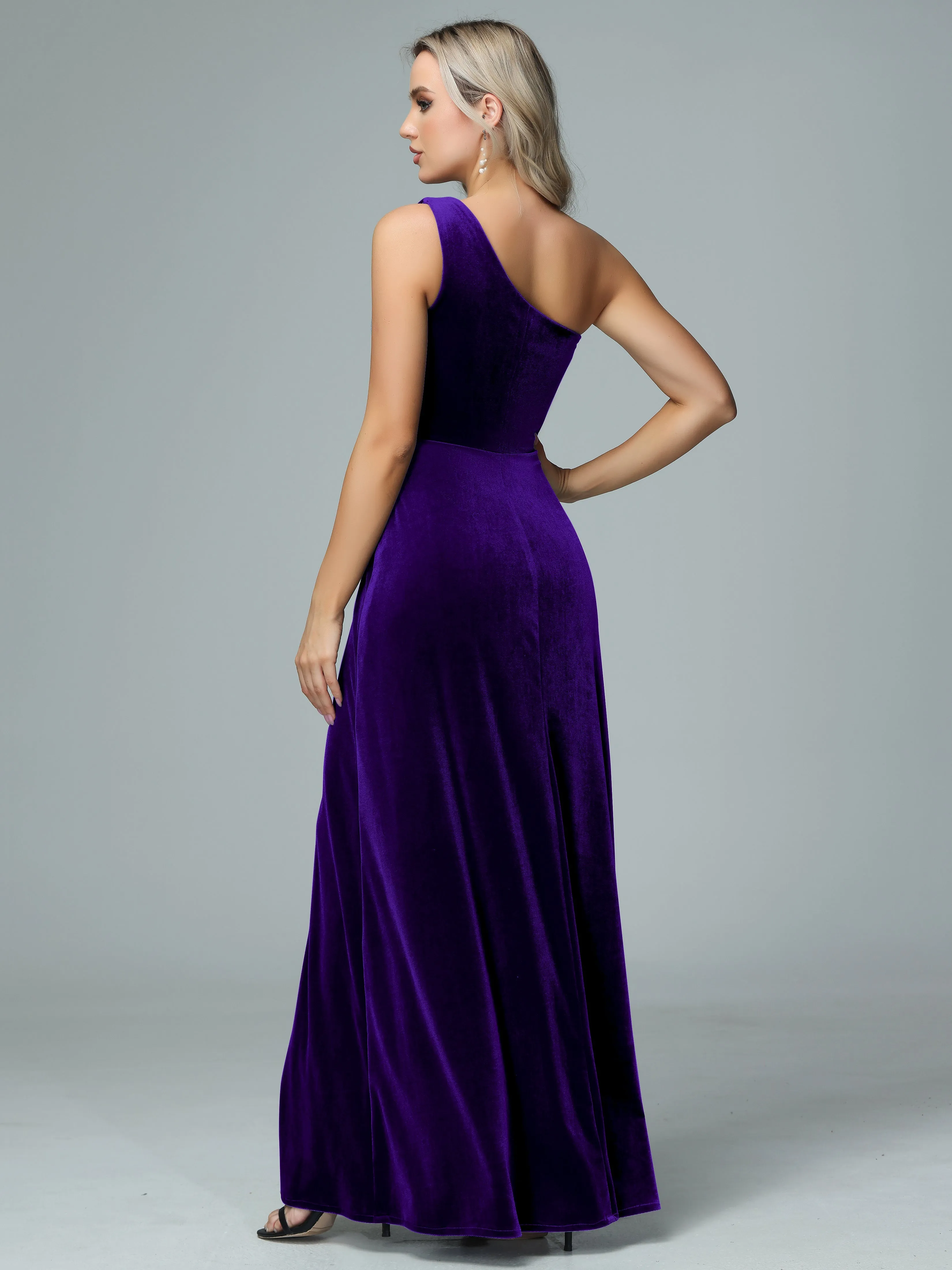 One Shoulder Velvet Bridesmaid Dresses with Slit