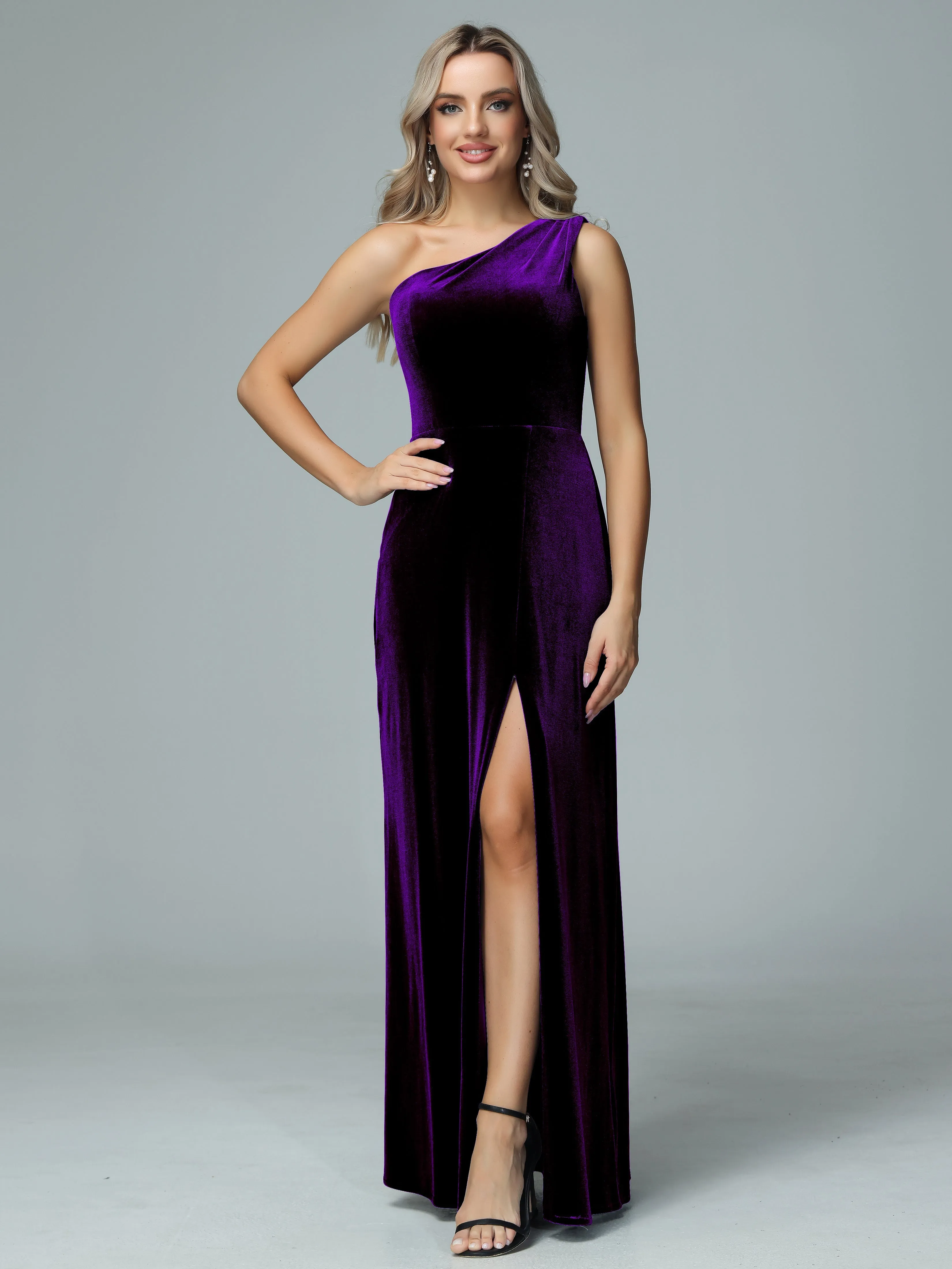One Shoulder Velvet Bridesmaid Dresses with Slit