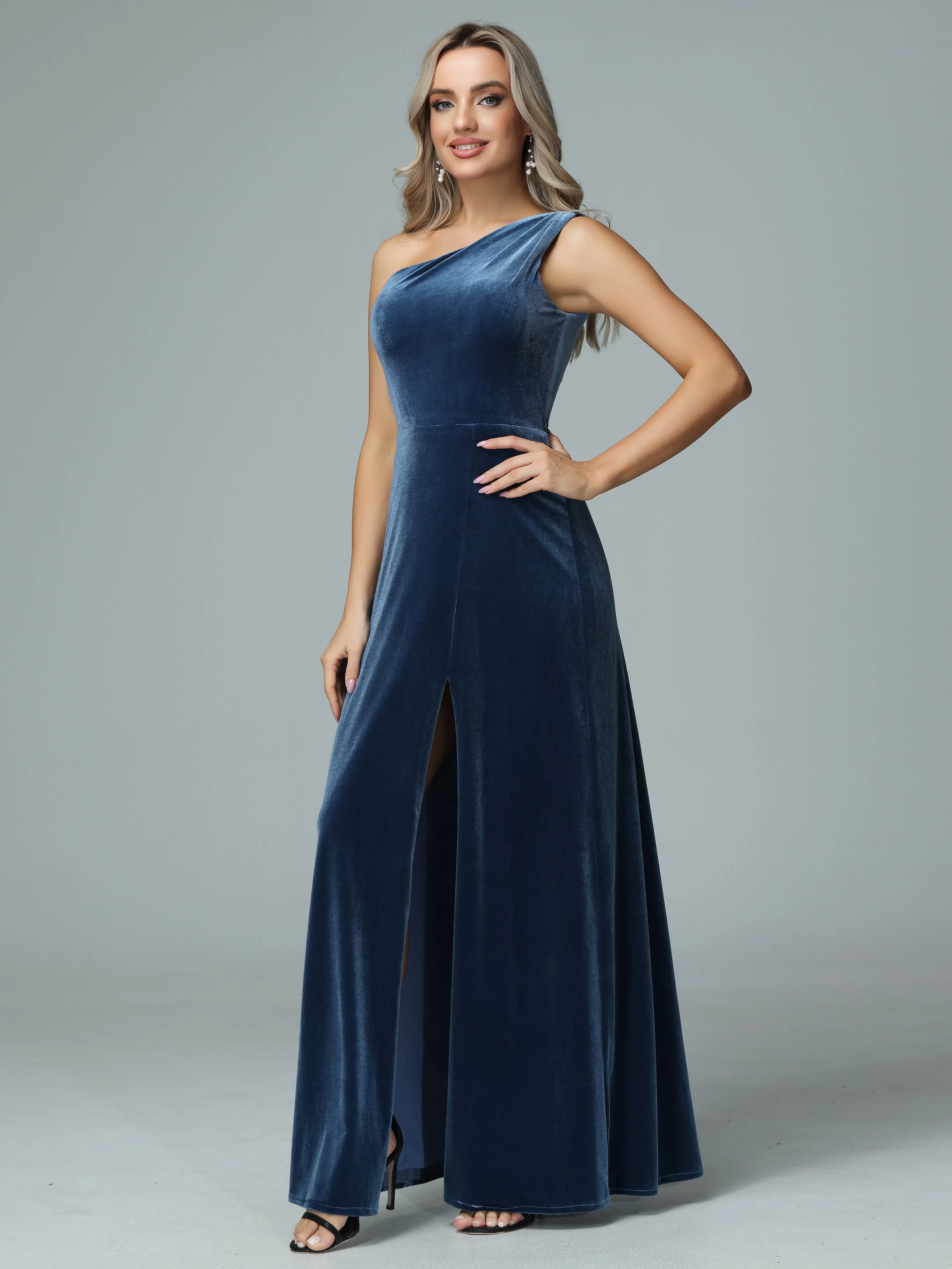 One Shoulder Velvet Bridesmaid Dresses with Slit