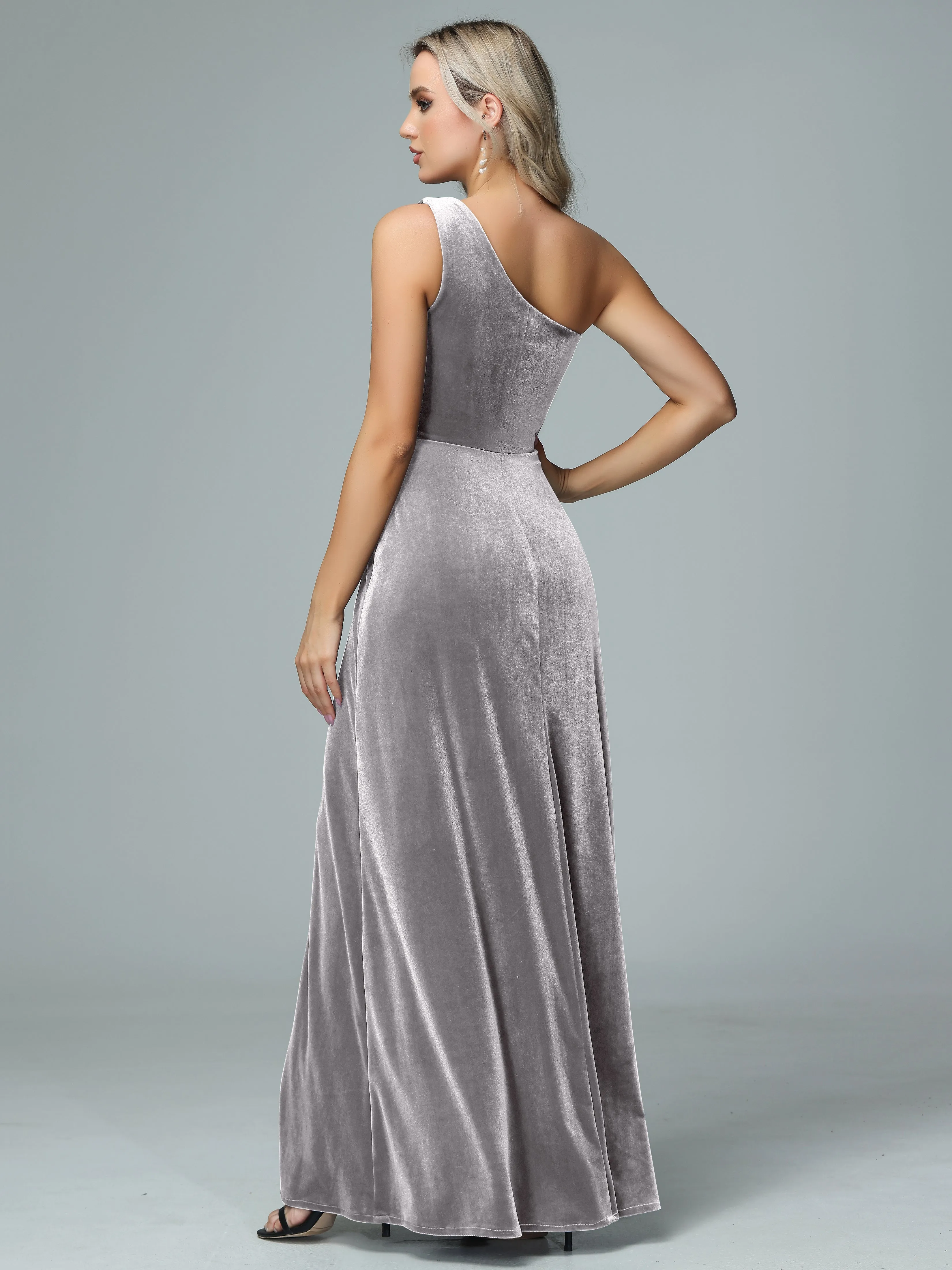 One Shoulder Velvet Bridesmaid Dresses with Slit