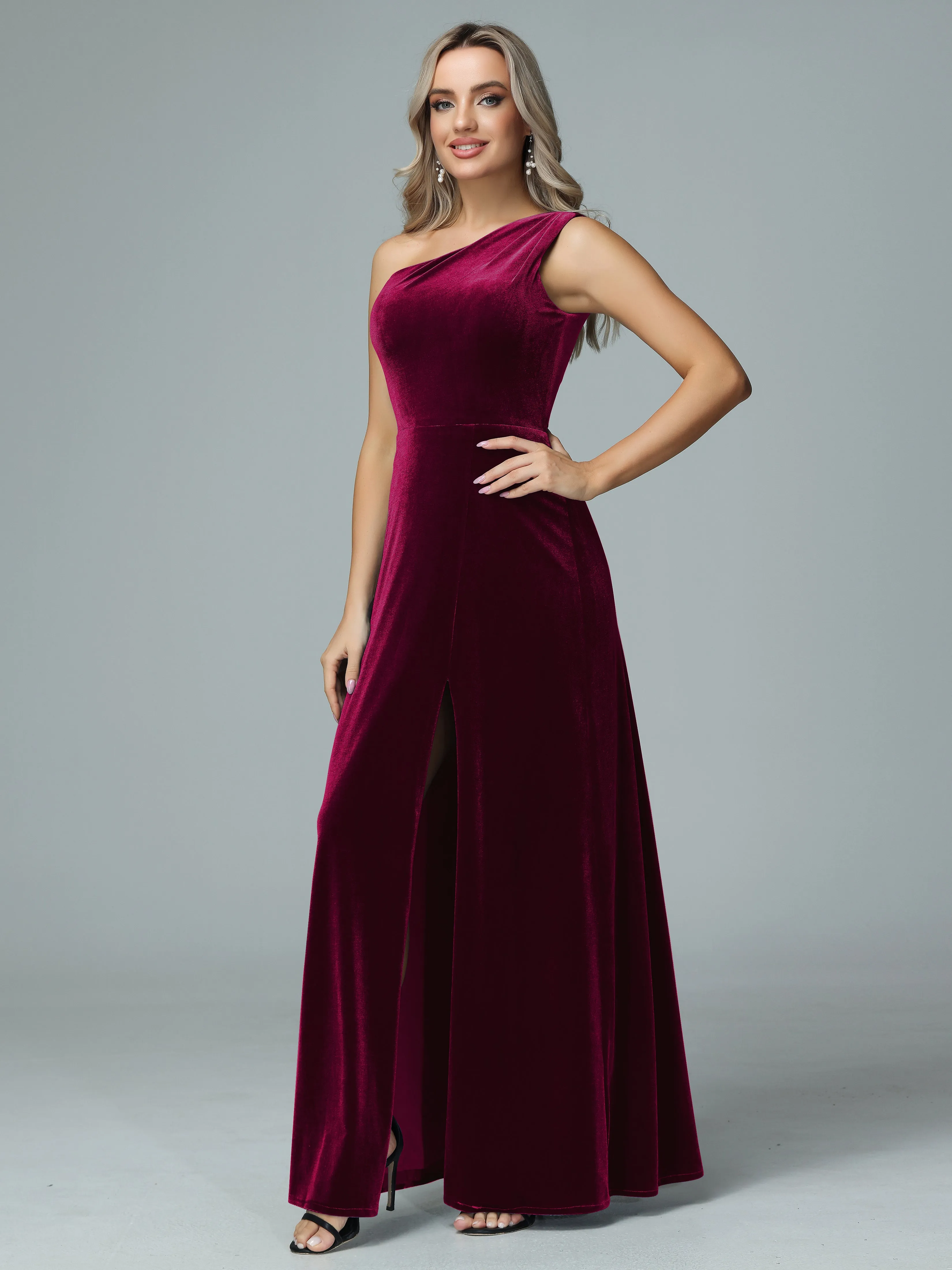 One Shoulder Velvet Bridesmaid Dresses with Slit