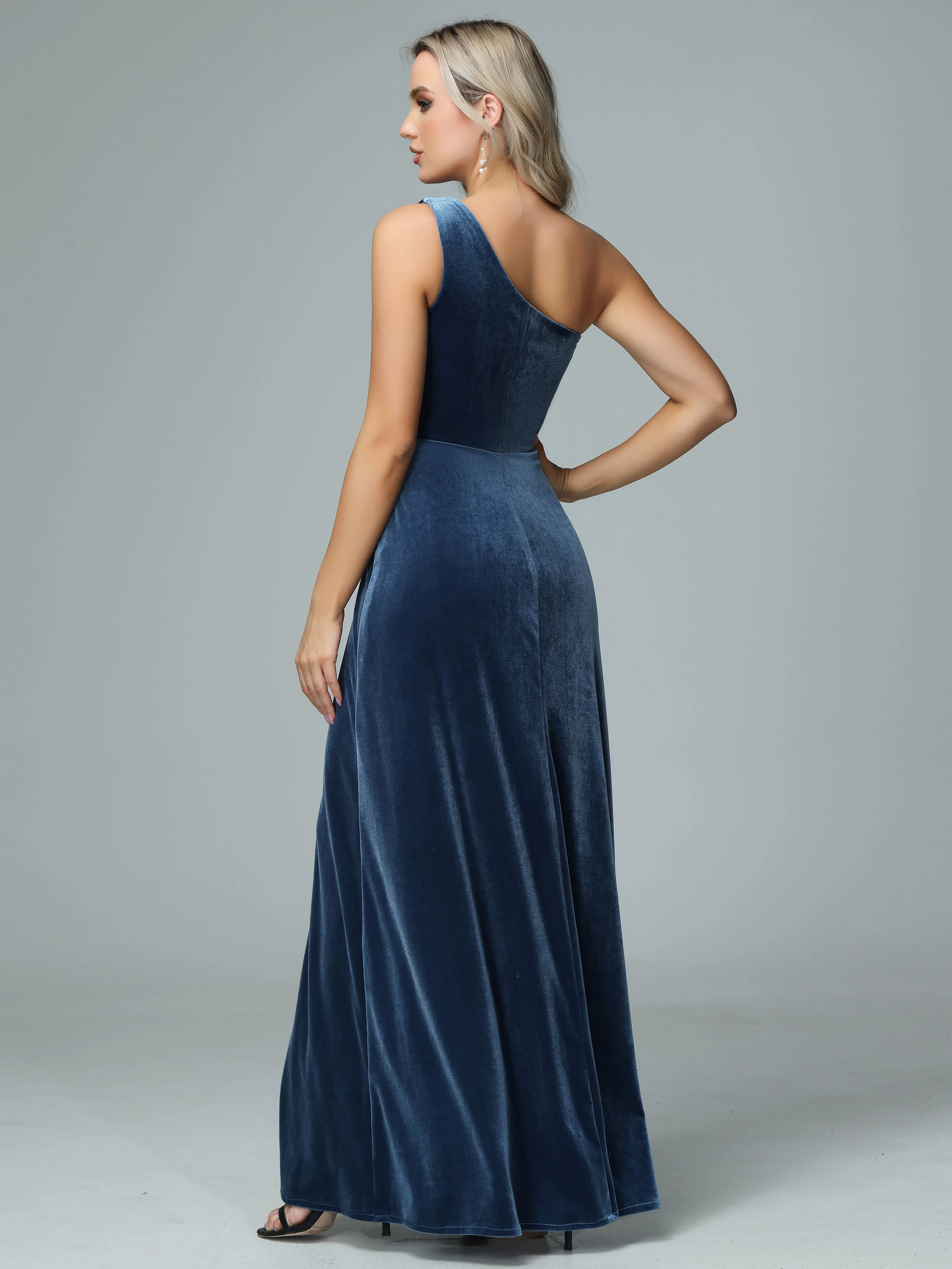 One Shoulder Velvet Bridesmaid Dresses with Slit