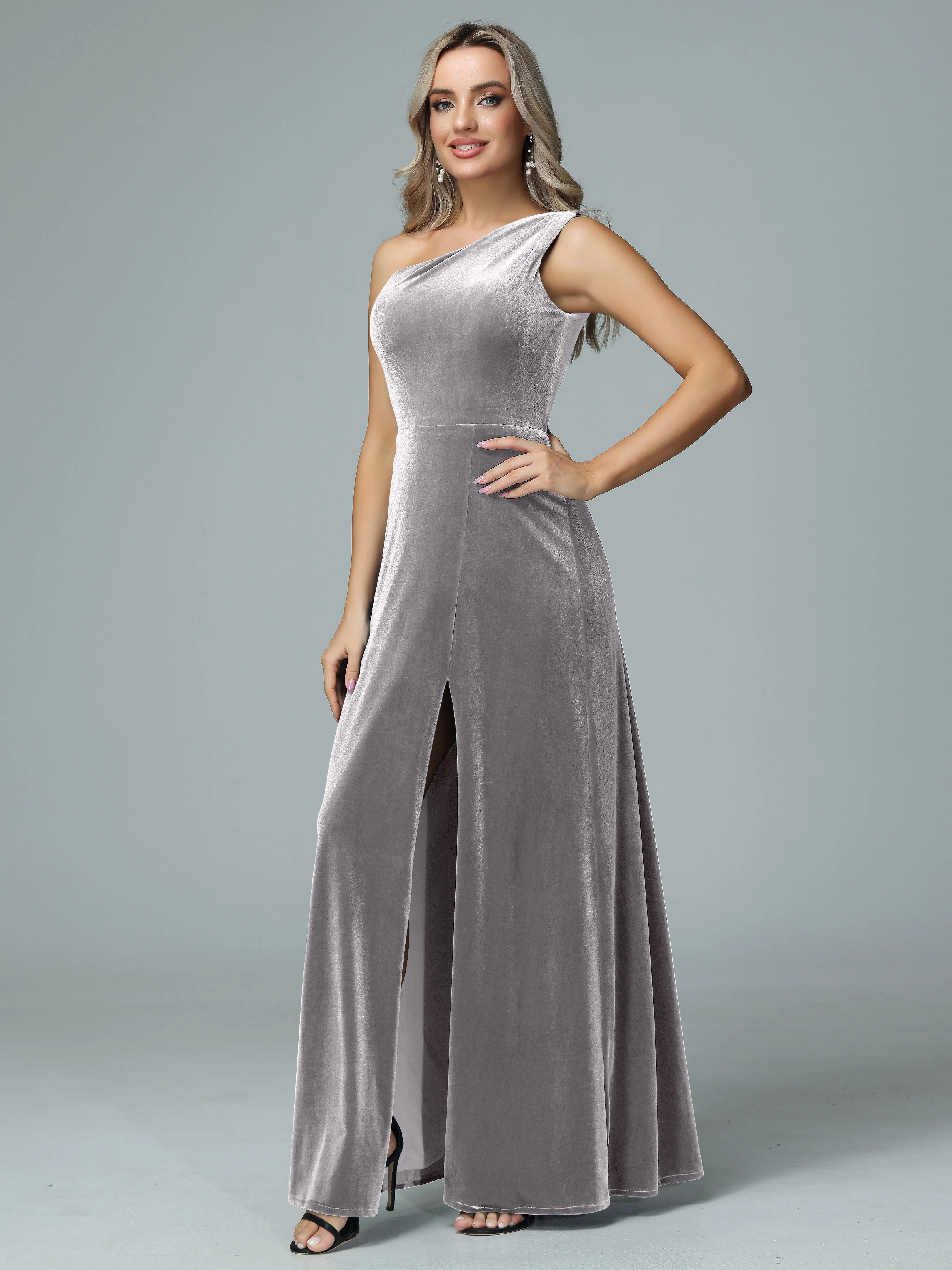One Shoulder Velvet Bridesmaid Dresses with Slit