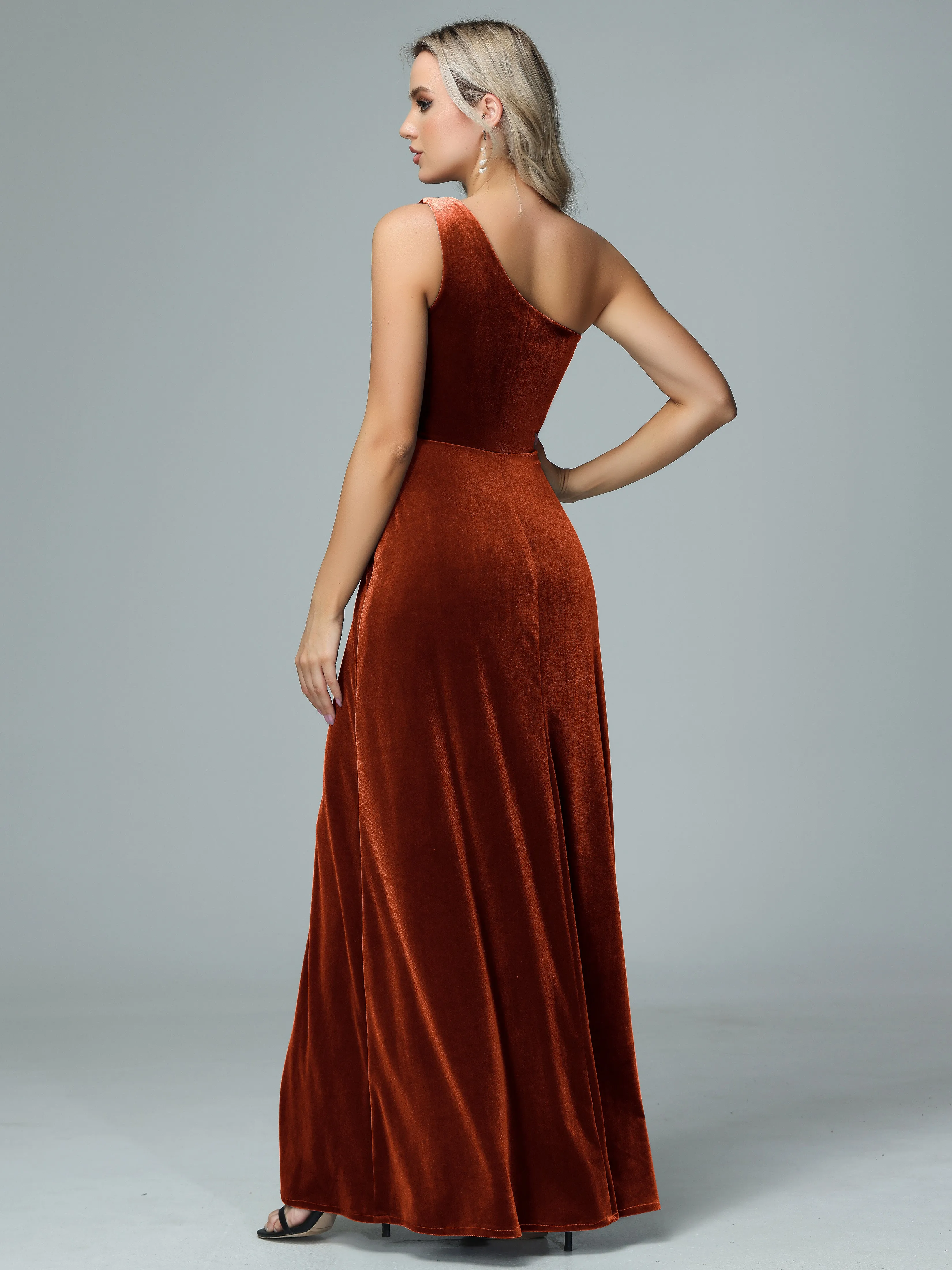 One Shoulder Velvet Bridesmaid Dresses with Slit