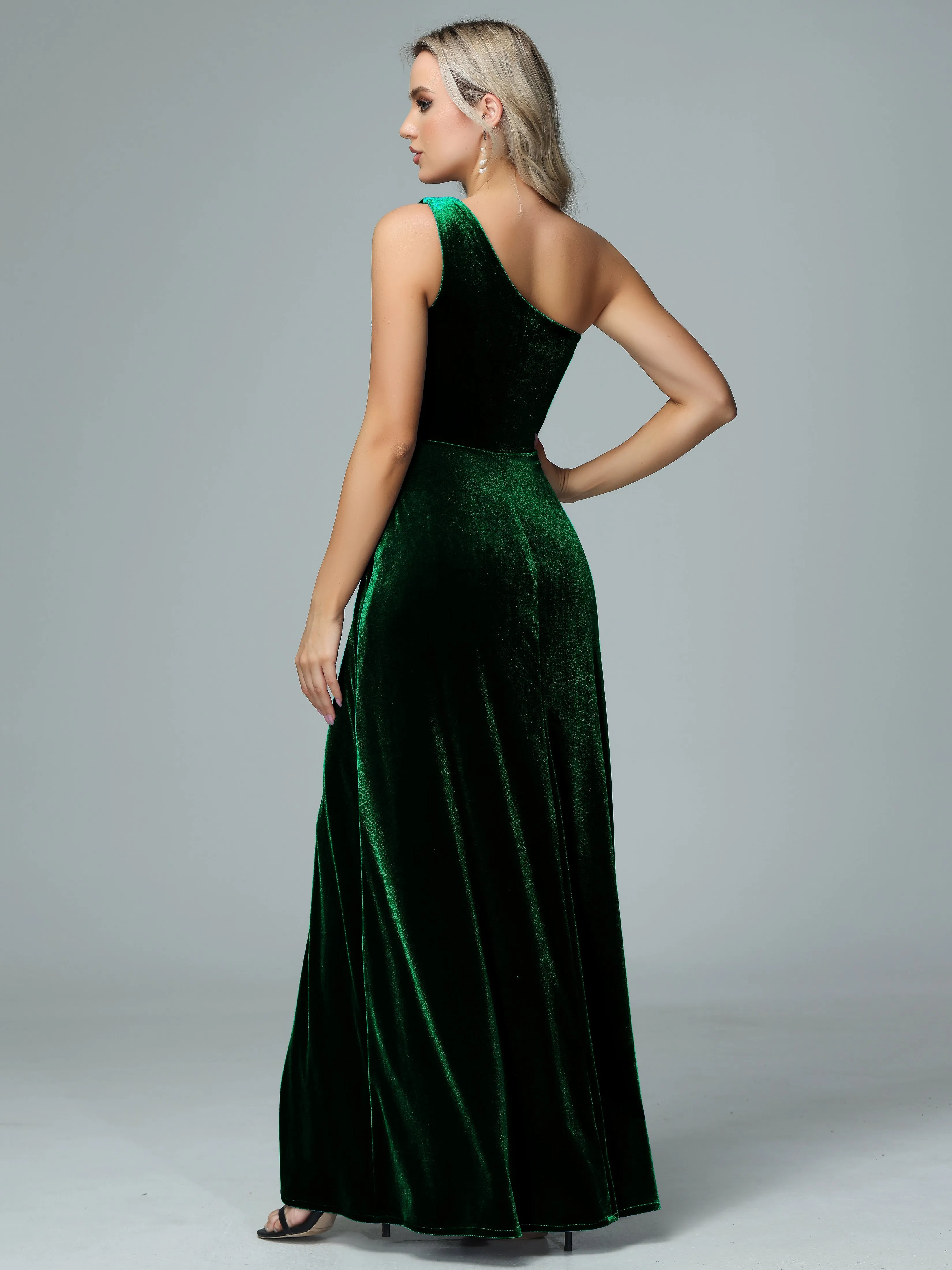 One Shoulder Velvet Bridesmaid Dresses with Slit