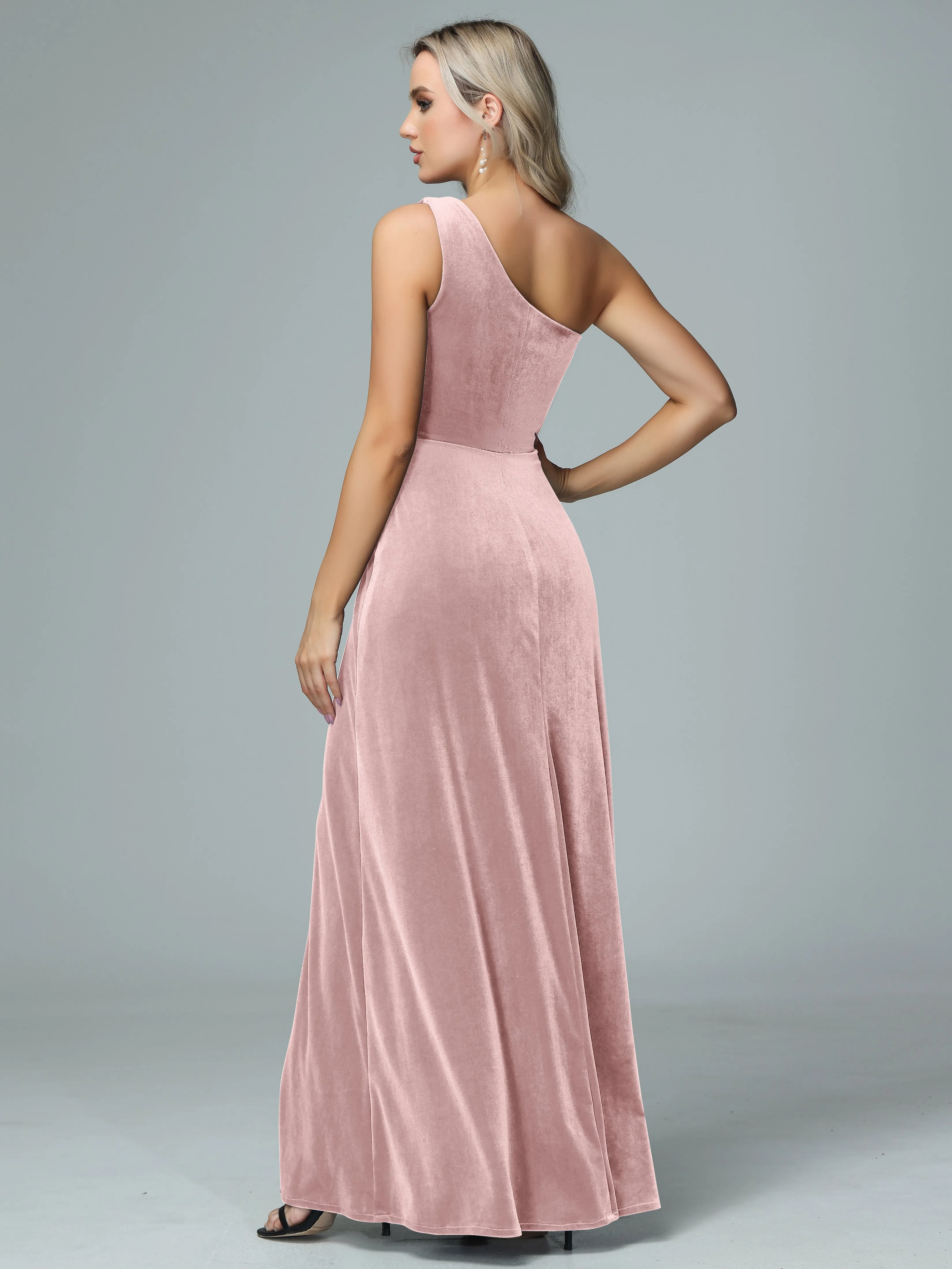 One Shoulder Velvet Bridesmaid Dresses with Slit