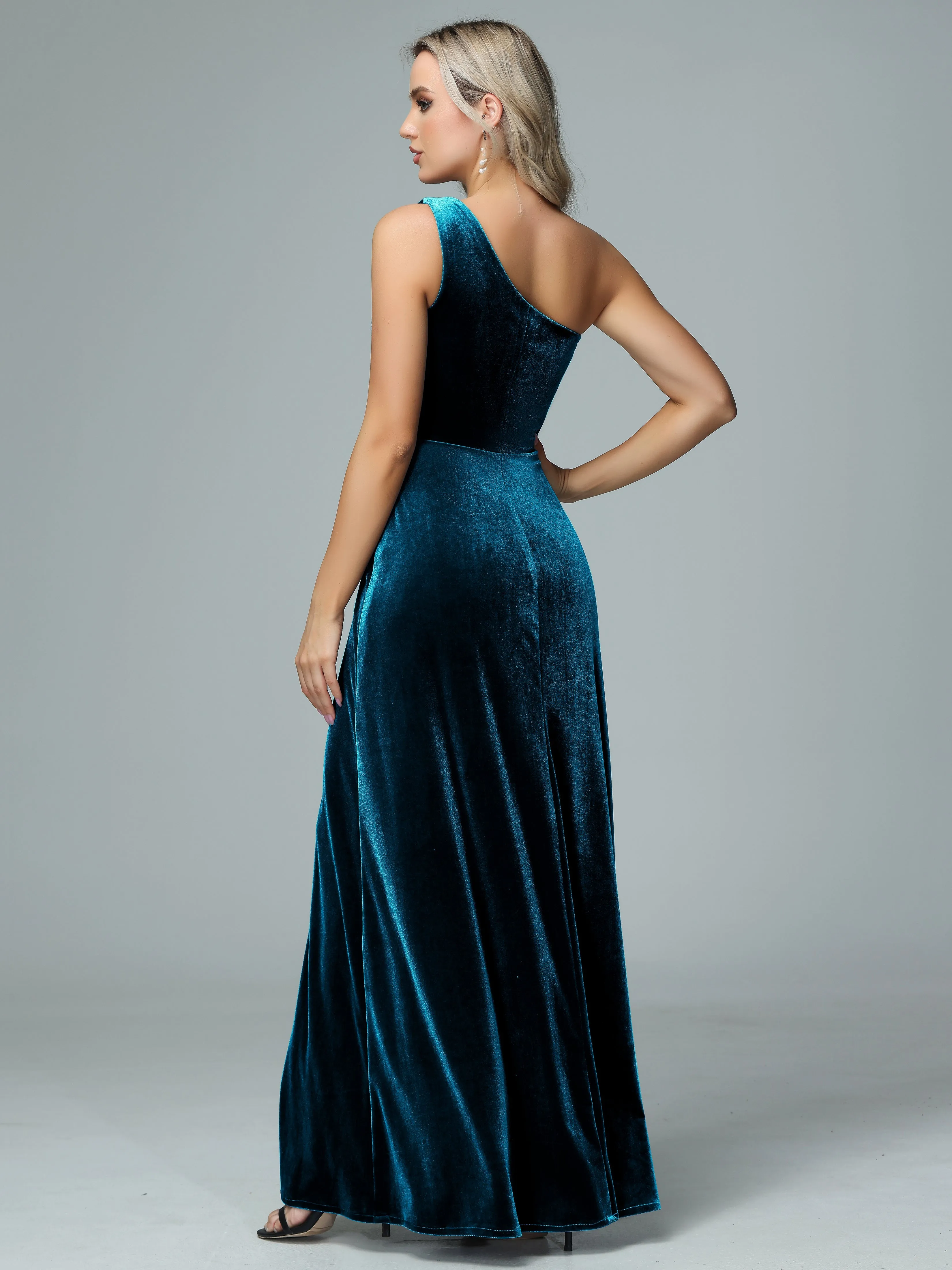 One Shoulder Velvet Bridesmaid Dresses with Slit
