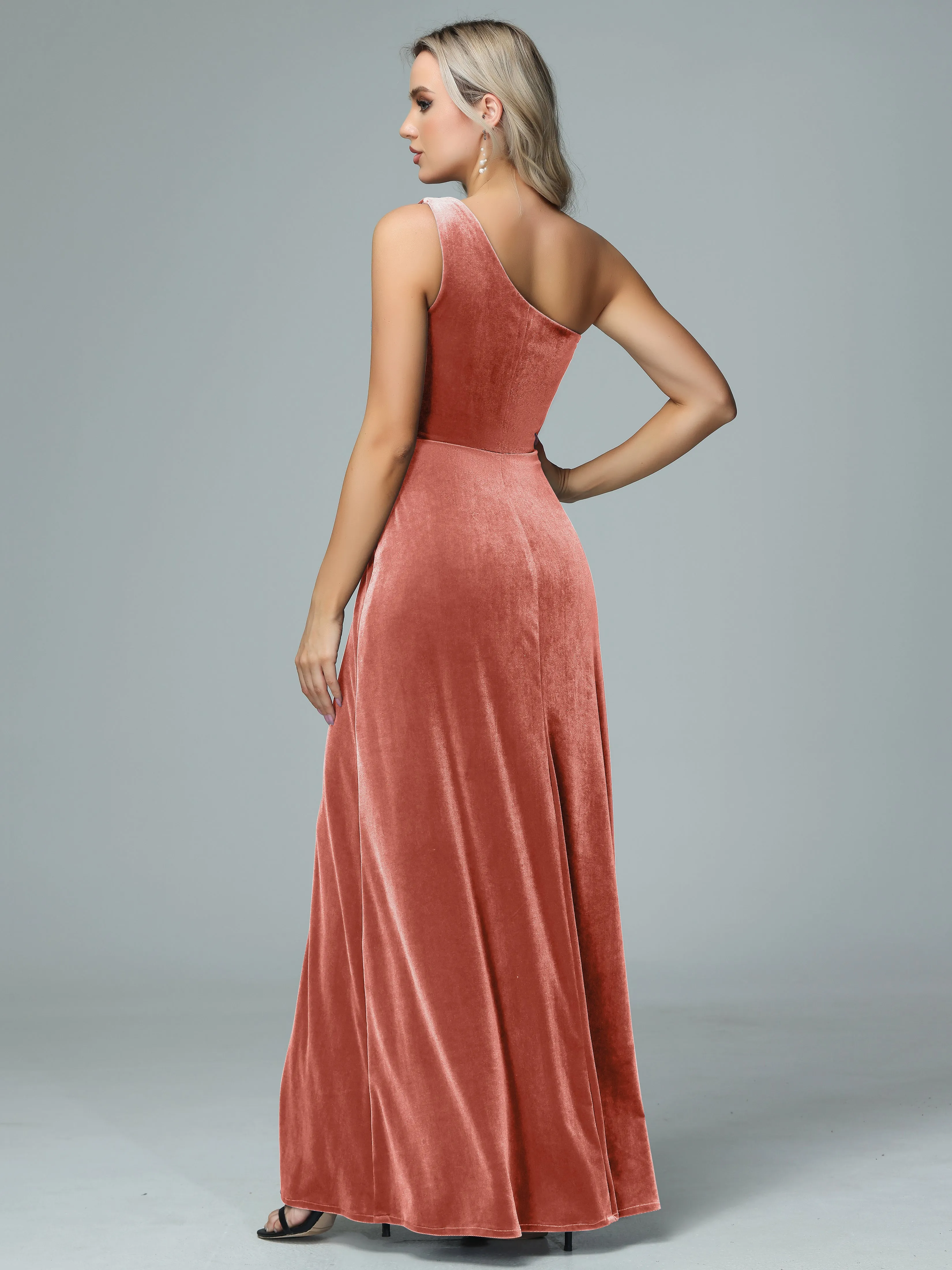 One Shoulder Velvet Bridesmaid Dresses with Slit