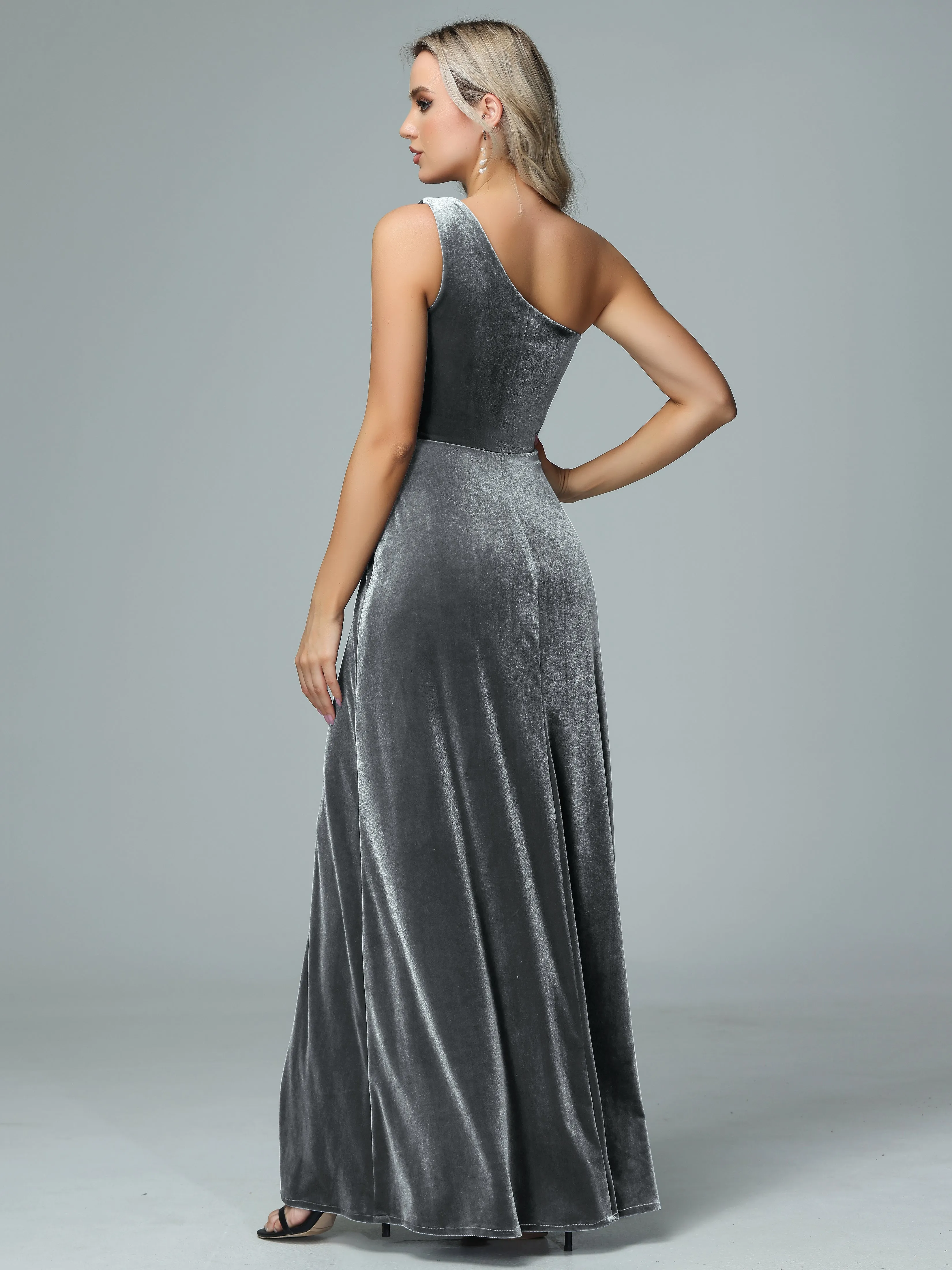One Shoulder Velvet Bridesmaid Dresses with Slit