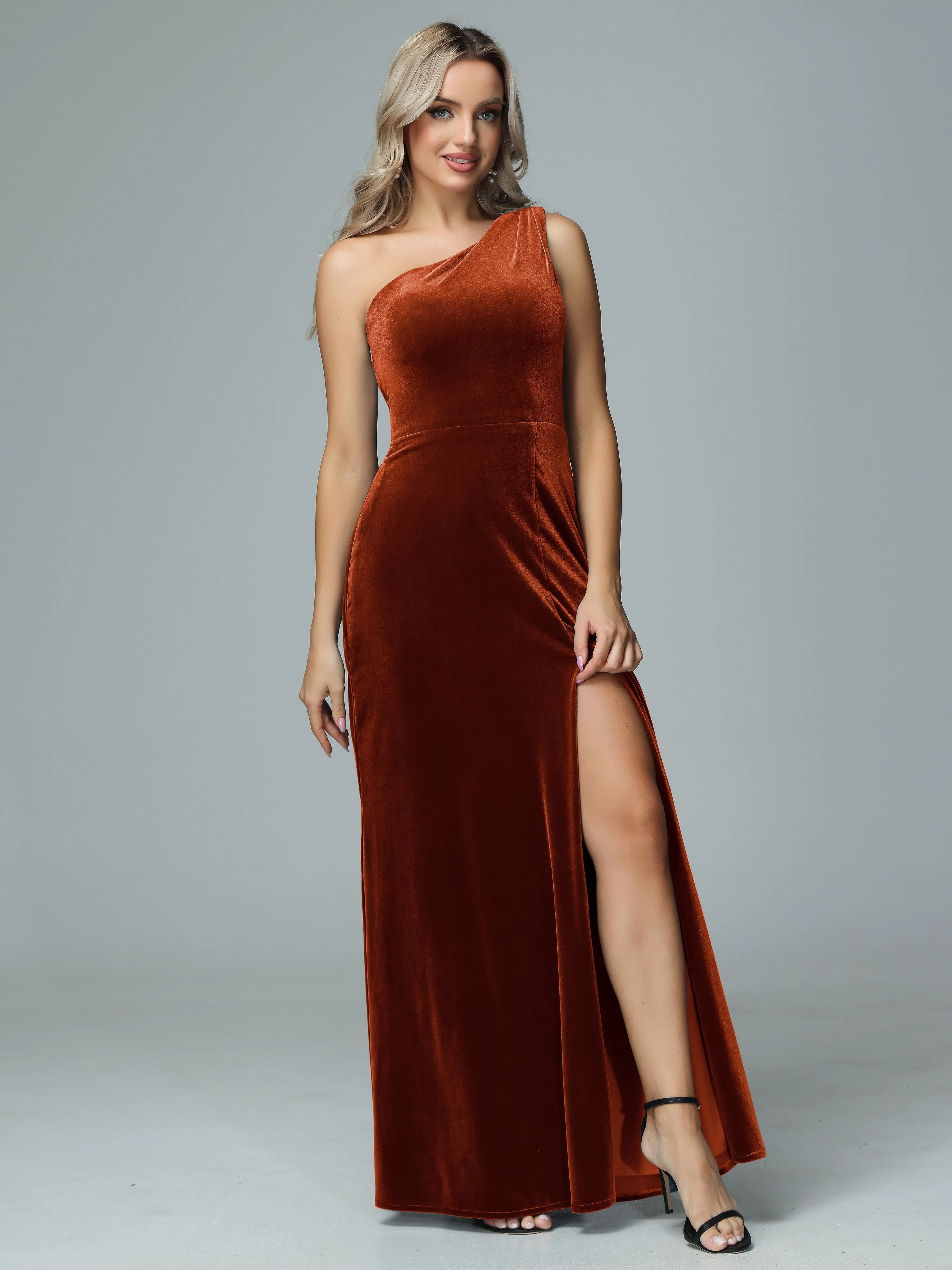 One Shoulder Velvet Bridesmaid Dresses with Slit