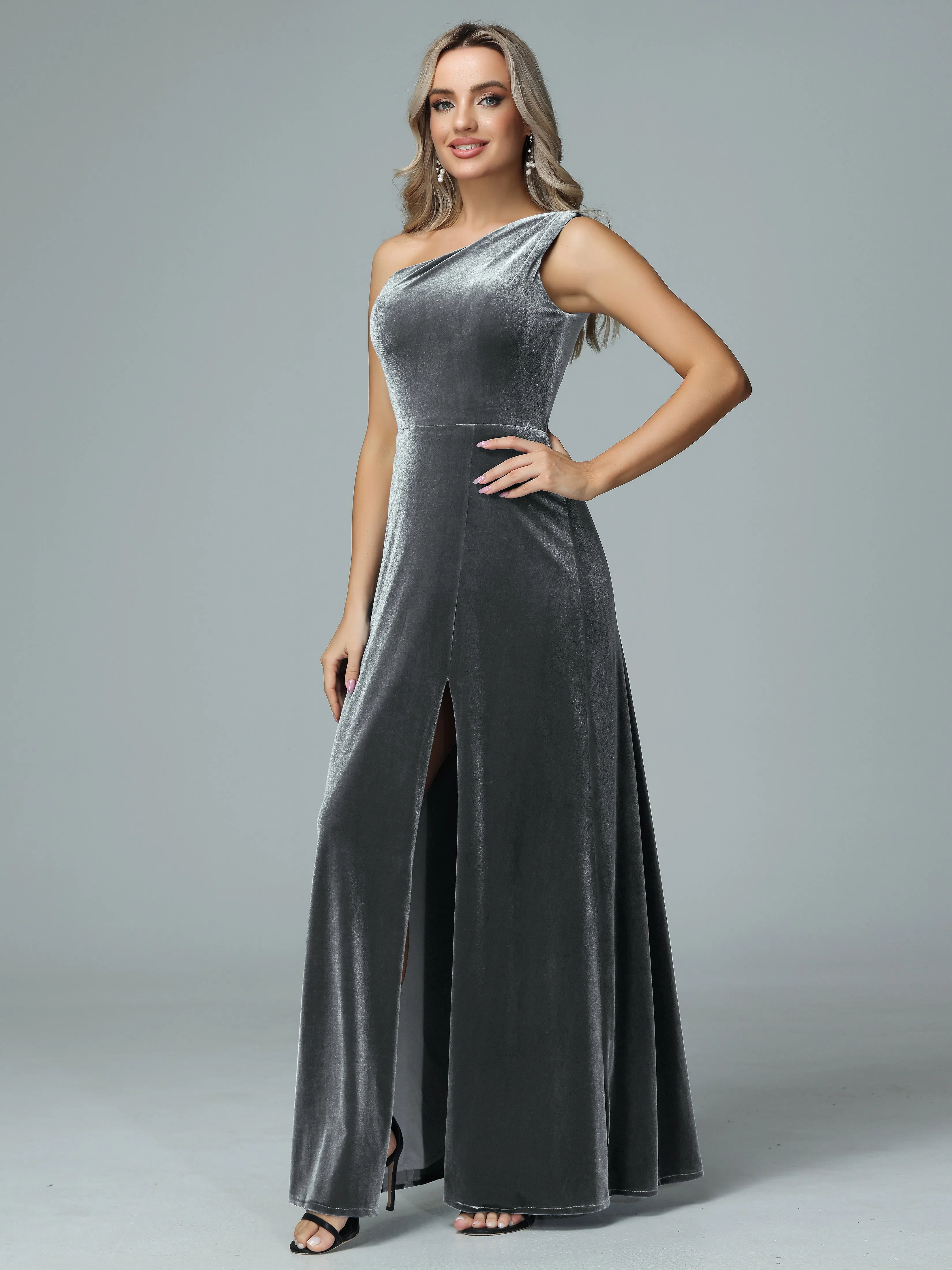 One Shoulder Velvet Bridesmaid Dresses with Slit