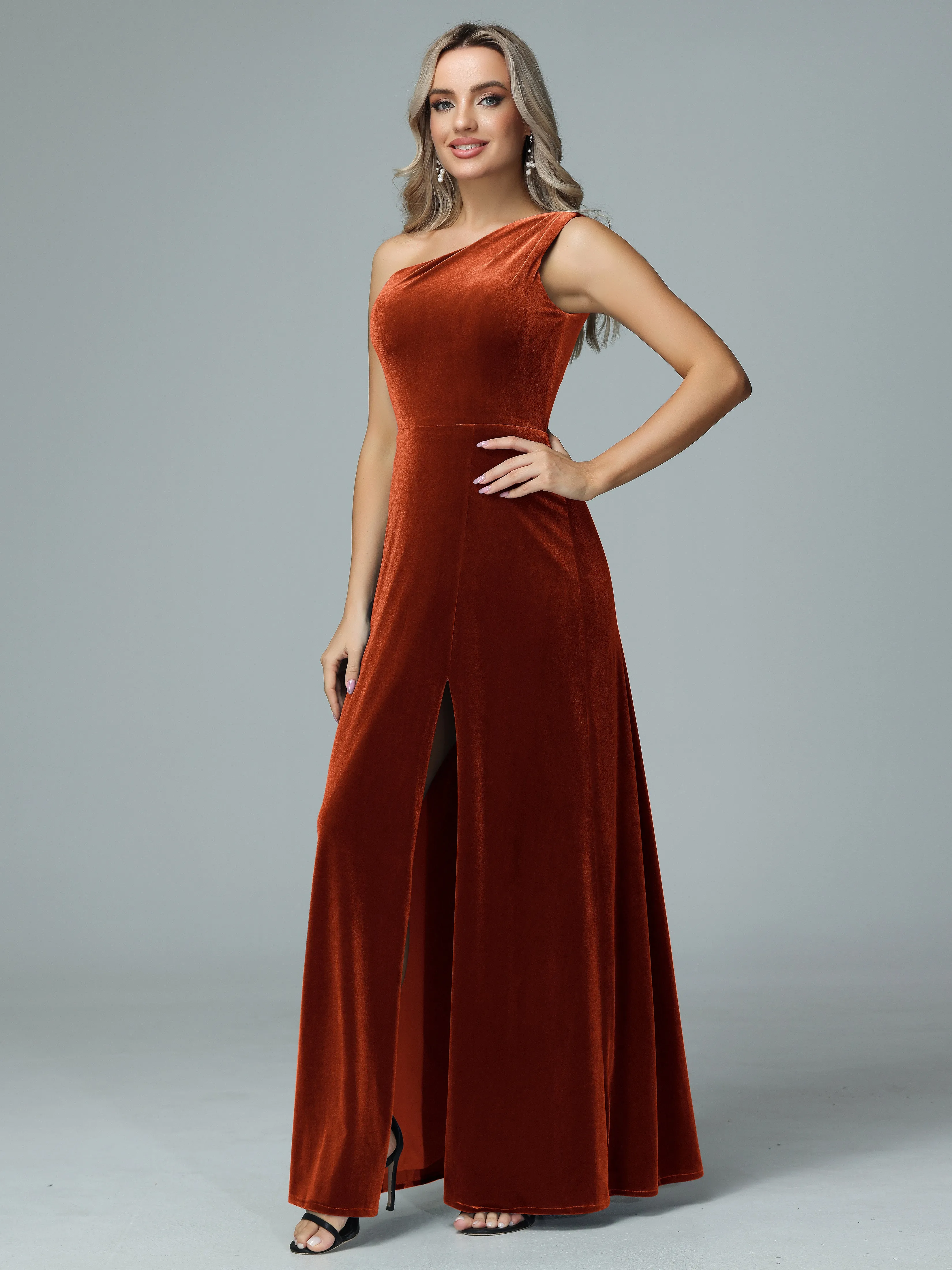 One Shoulder Velvet Bridesmaid Dresses with Slit