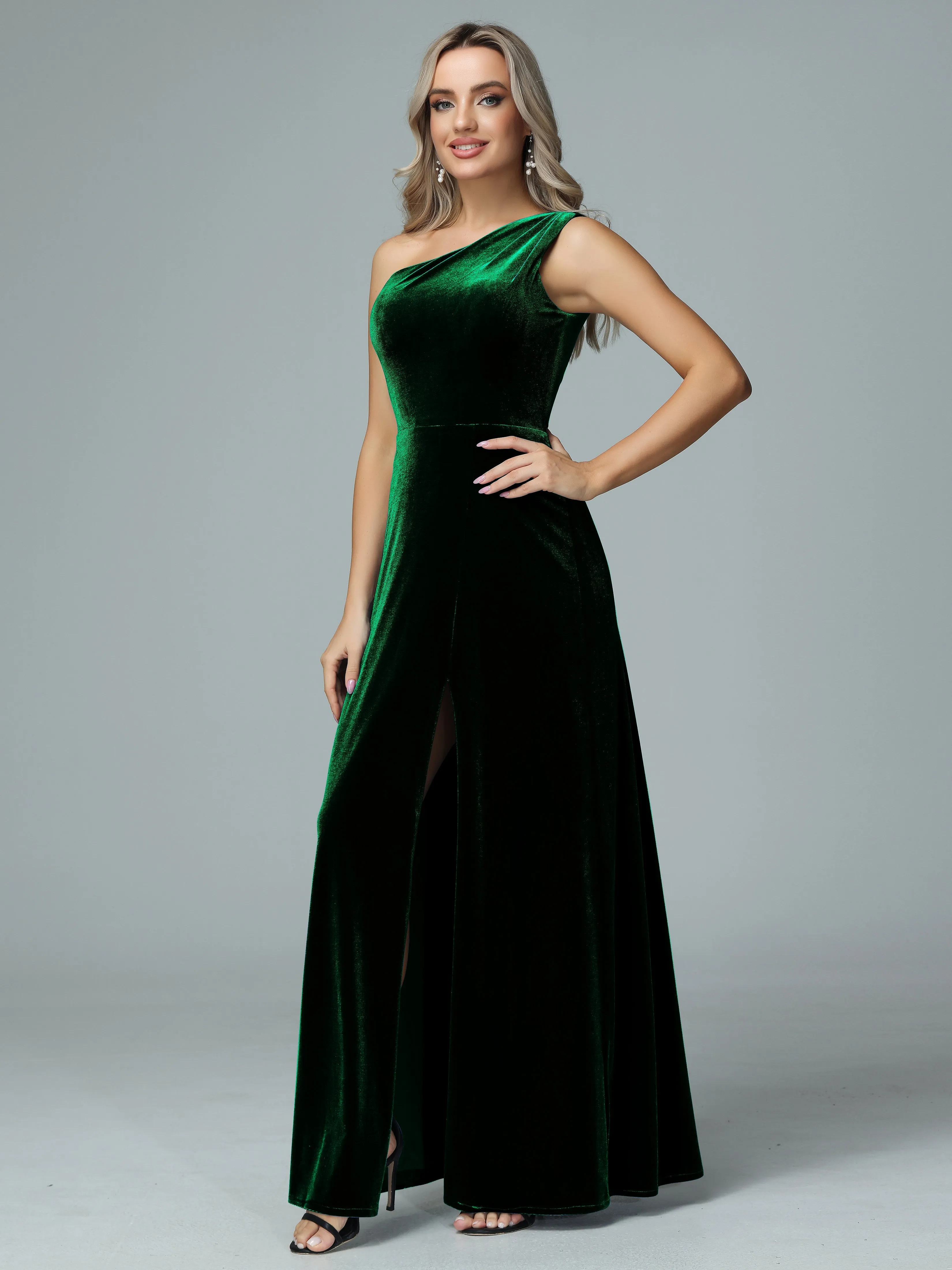 One Shoulder Velvet Bridesmaid Dresses with Slit
