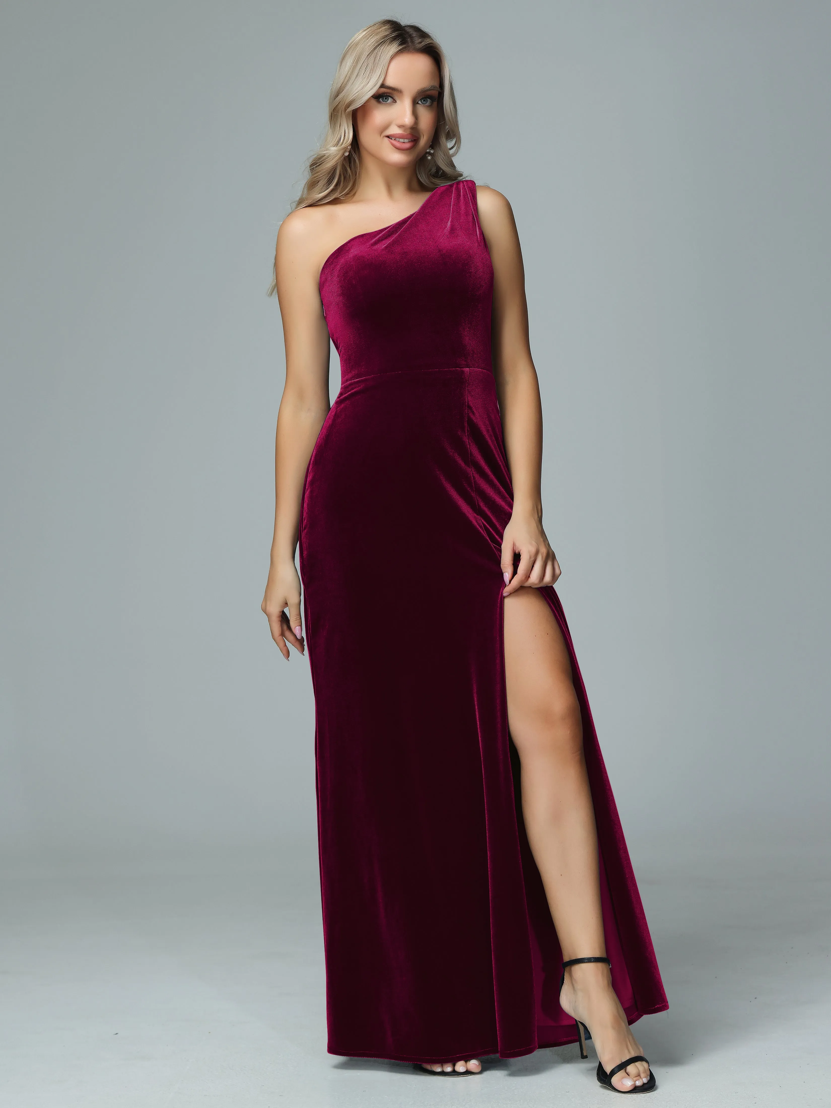 One Shoulder Velvet Bridesmaid Dresses with Slit