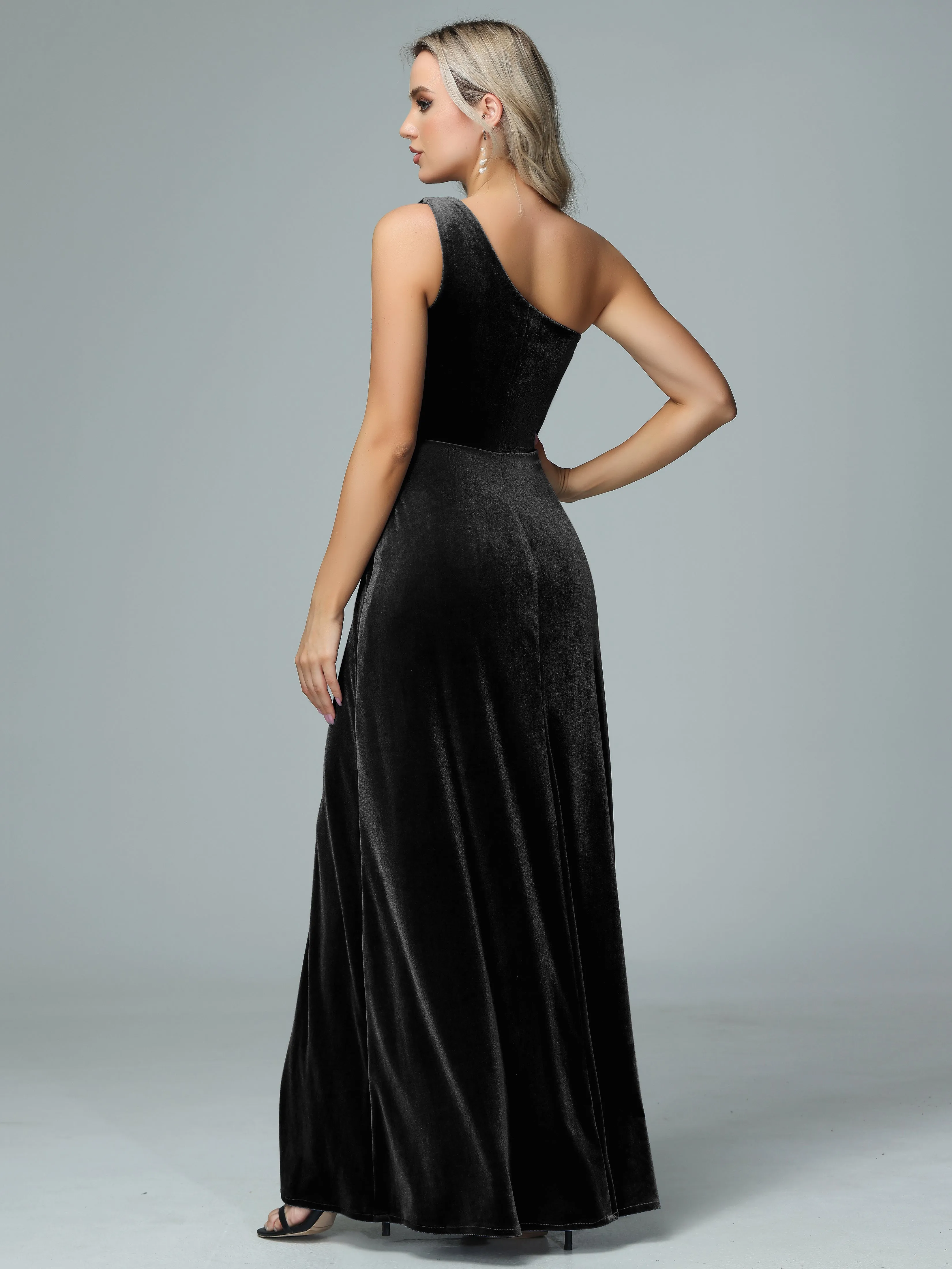 One Shoulder Velvet Bridesmaid Dresses with Slit