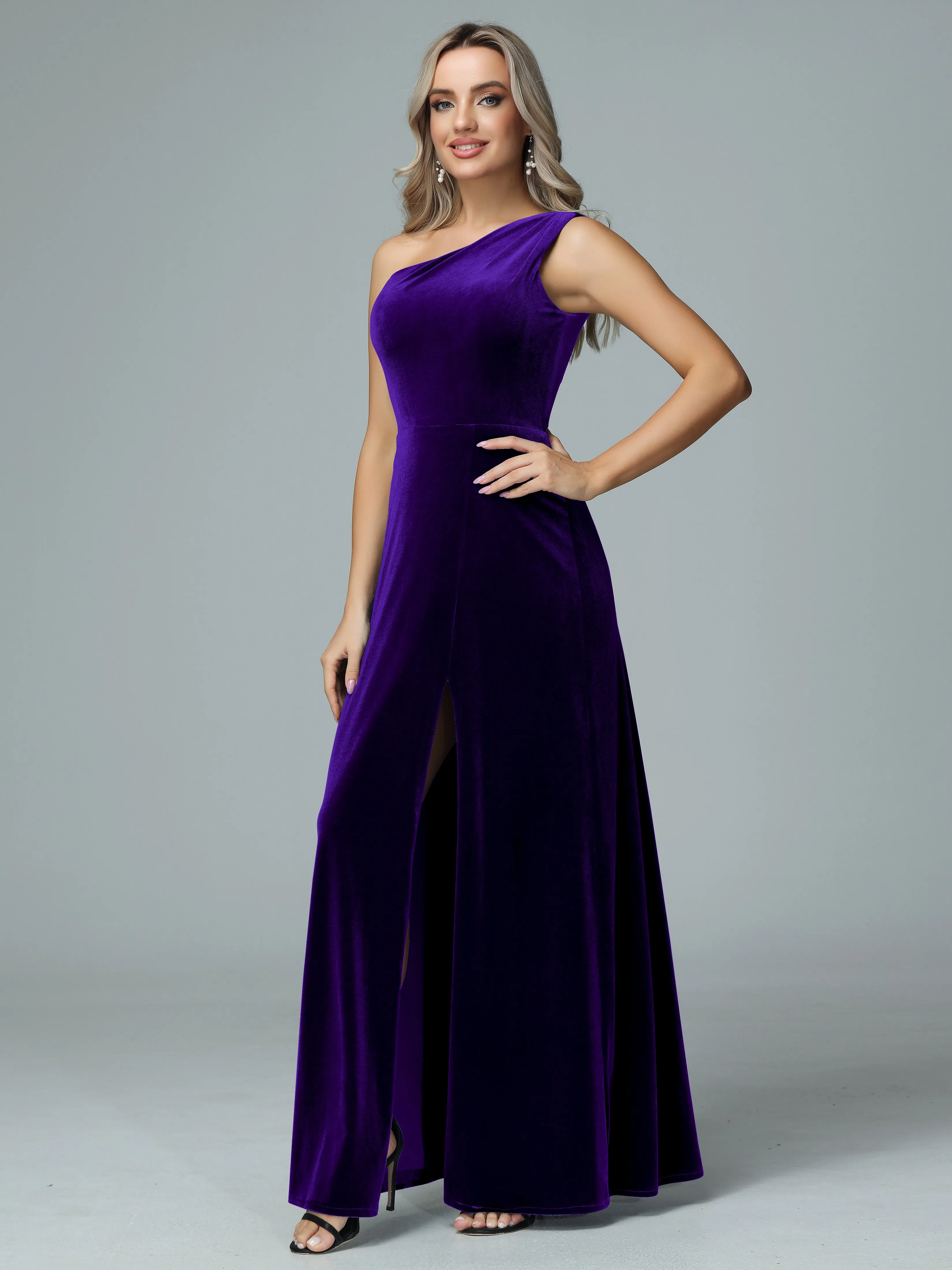 One Shoulder Velvet Bridesmaid Dresses with Slit