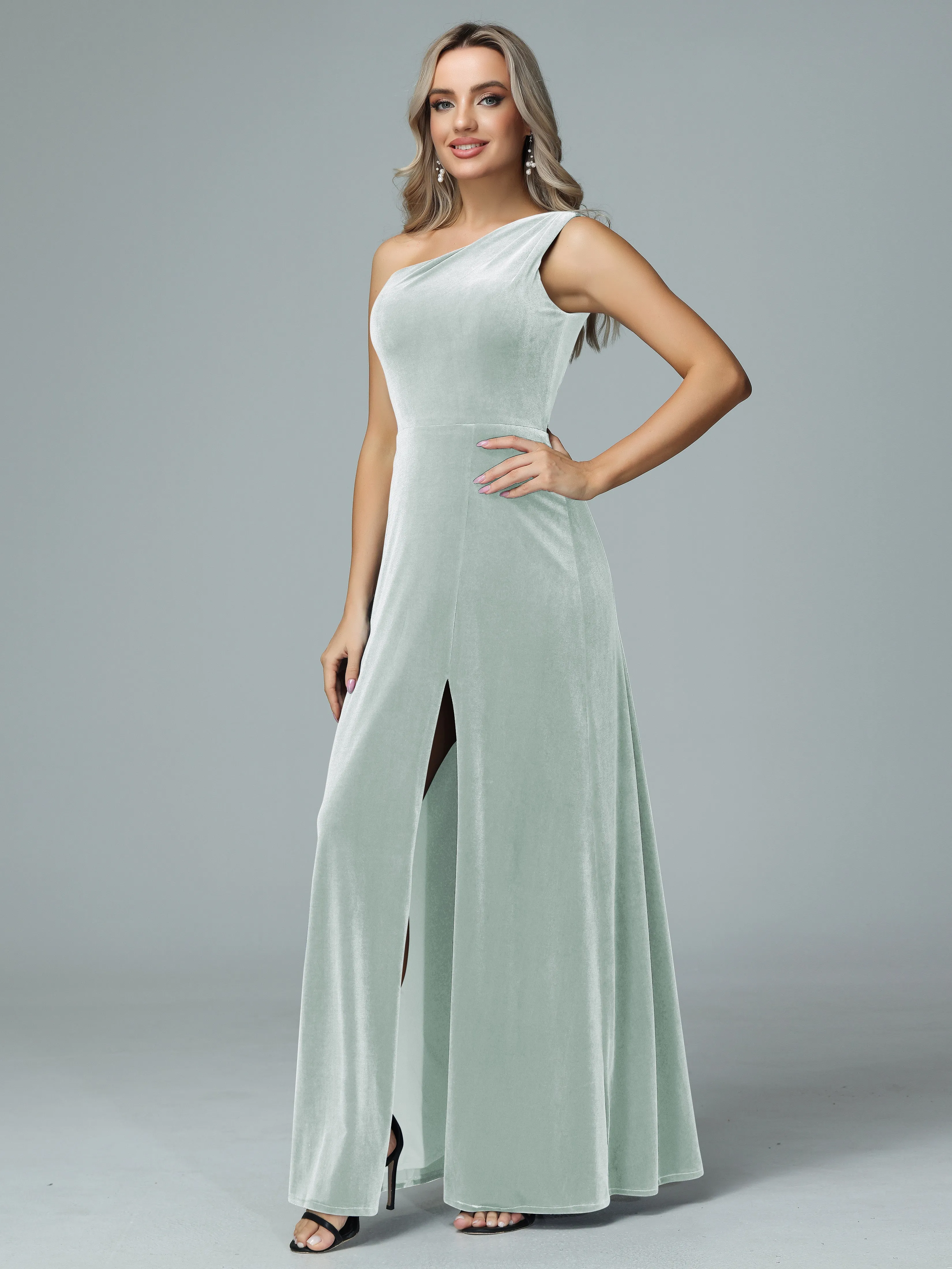 One Shoulder Velvet Bridesmaid Dresses with Slit