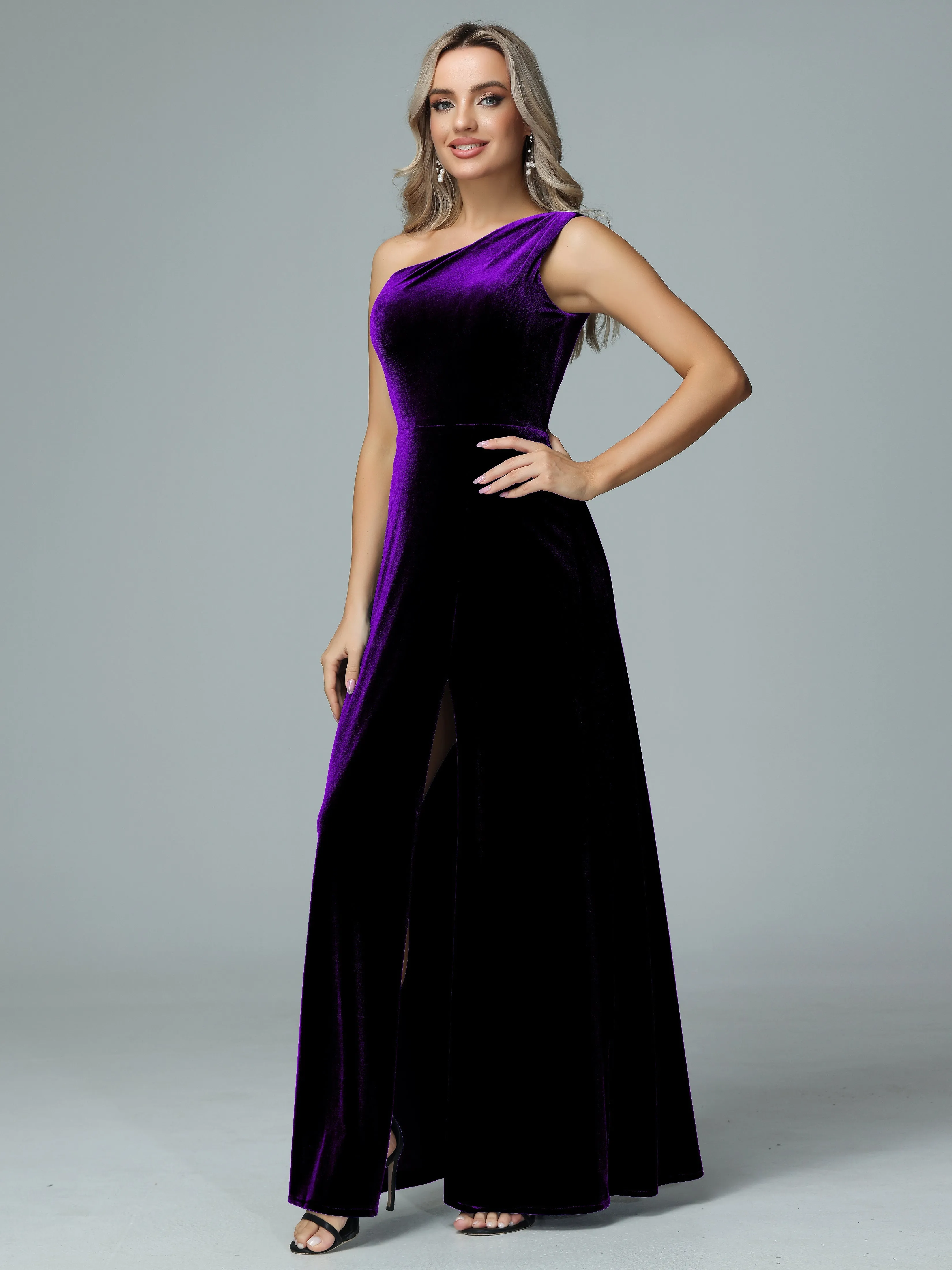 One Shoulder Velvet Bridesmaid Dresses with Slit