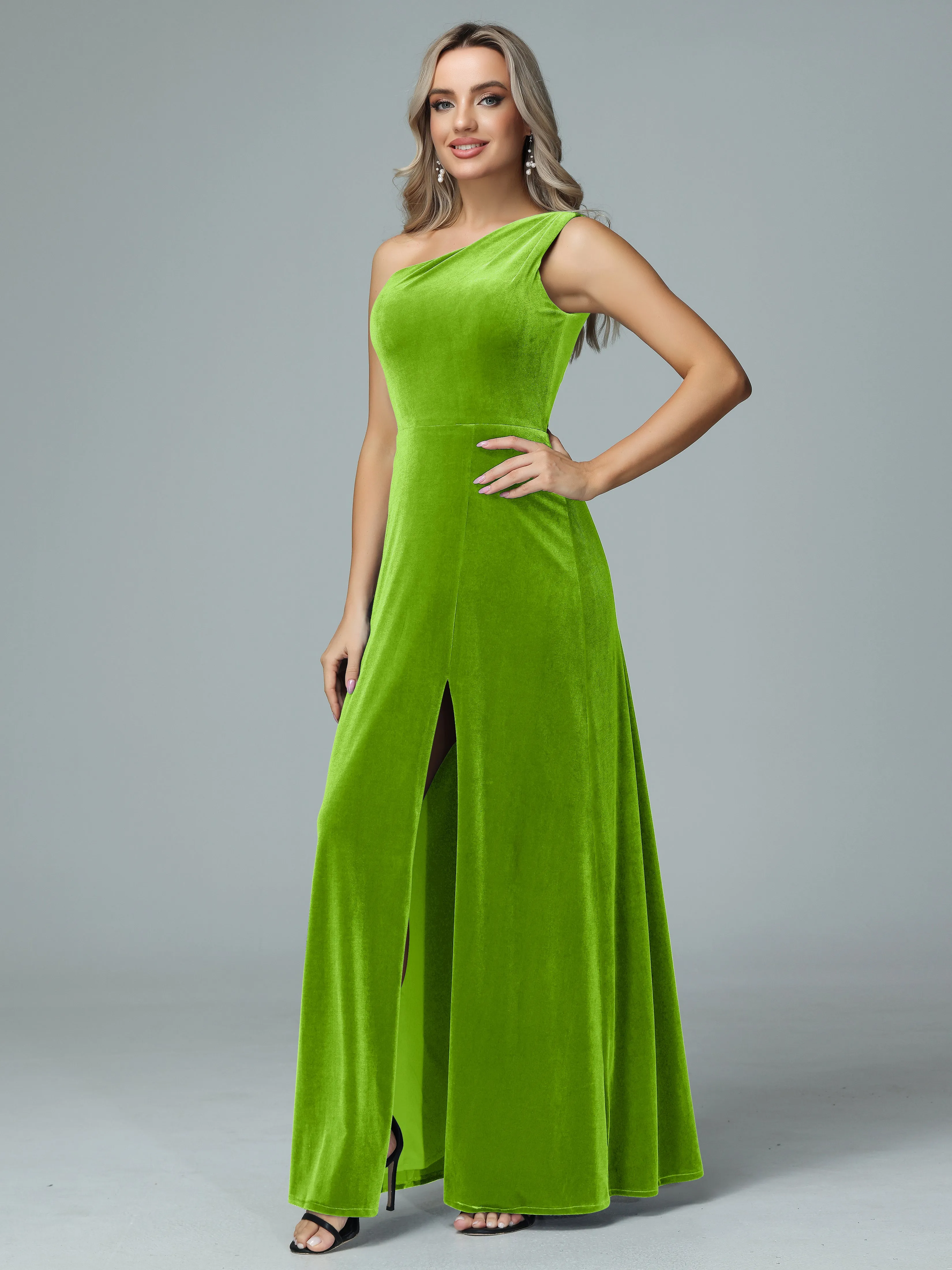 One Shoulder Velvet Bridesmaid Dresses with Slit