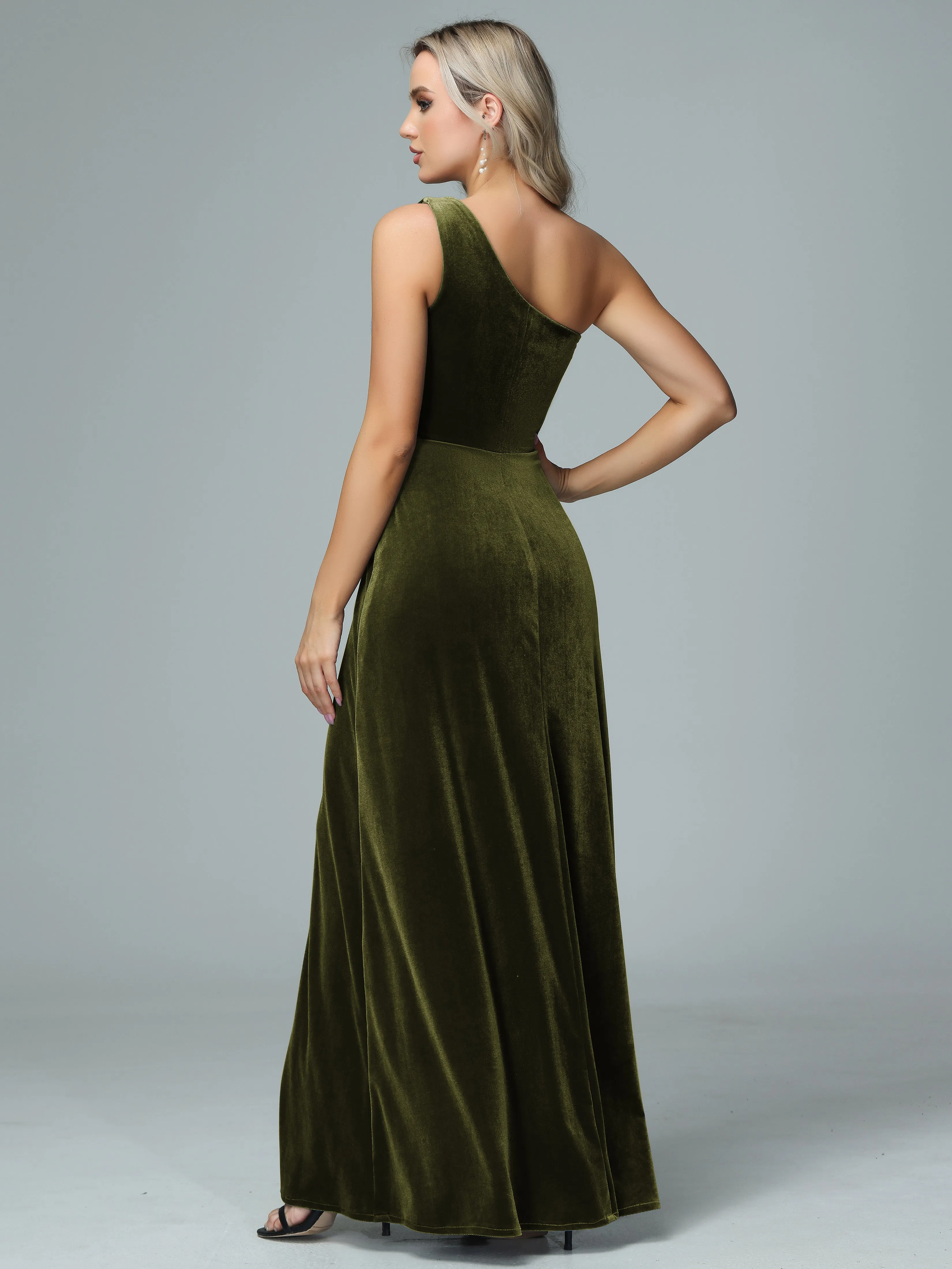 One Shoulder Velvet Bridesmaid Dresses with Slit