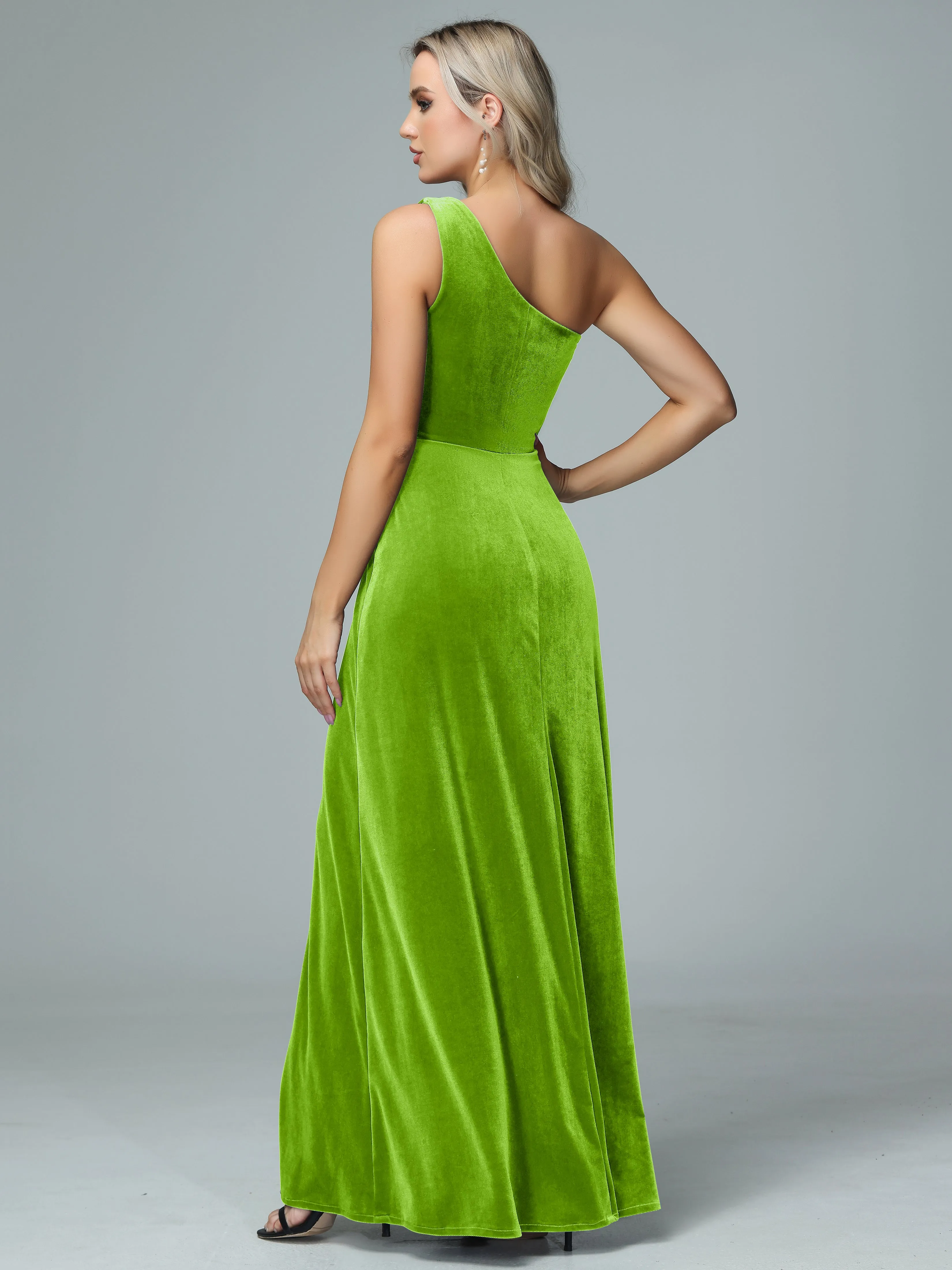 One Shoulder Velvet Bridesmaid Dresses with Slit