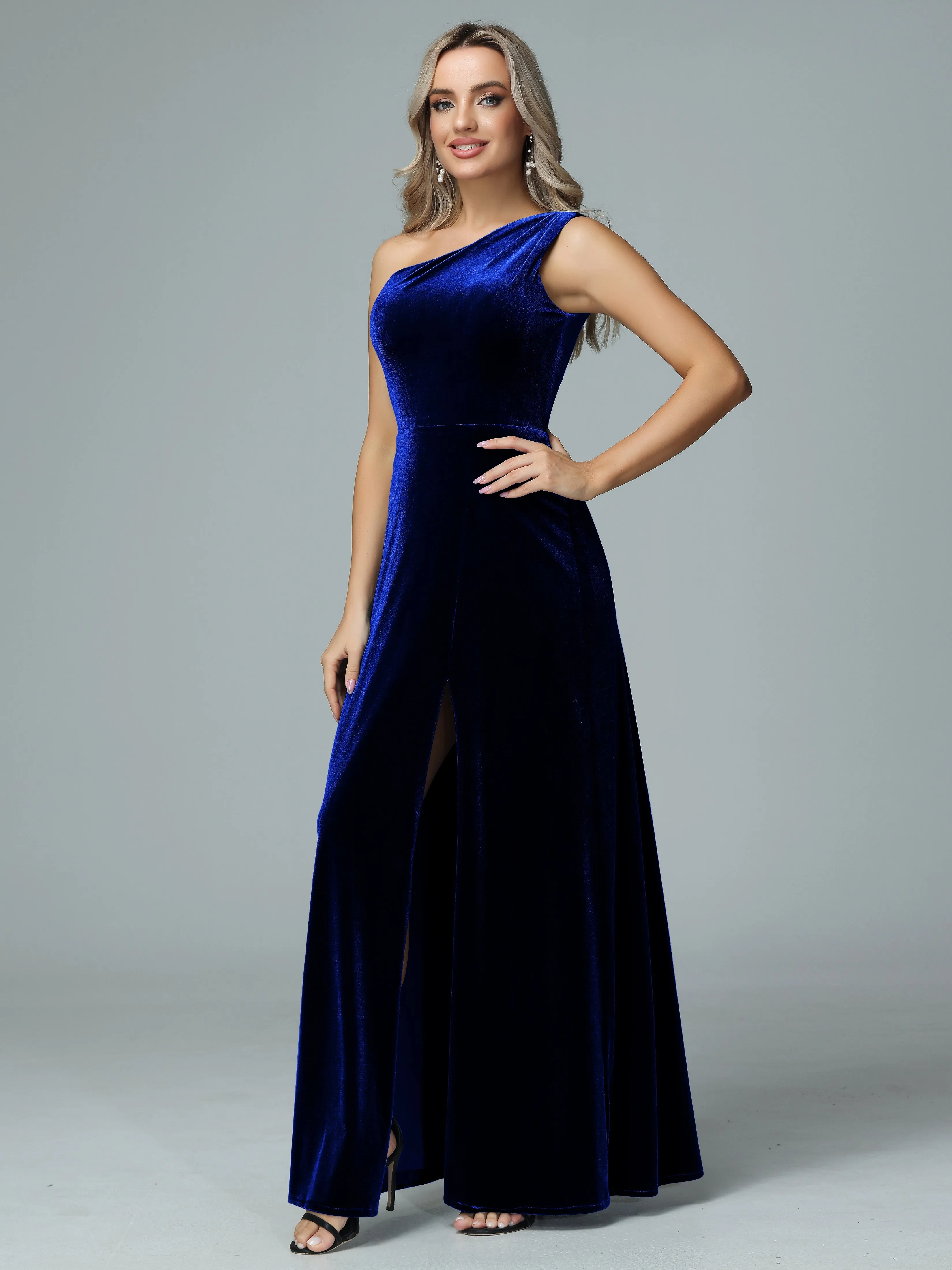 One Shoulder Velvet Bridesmaid Dresses with Slit