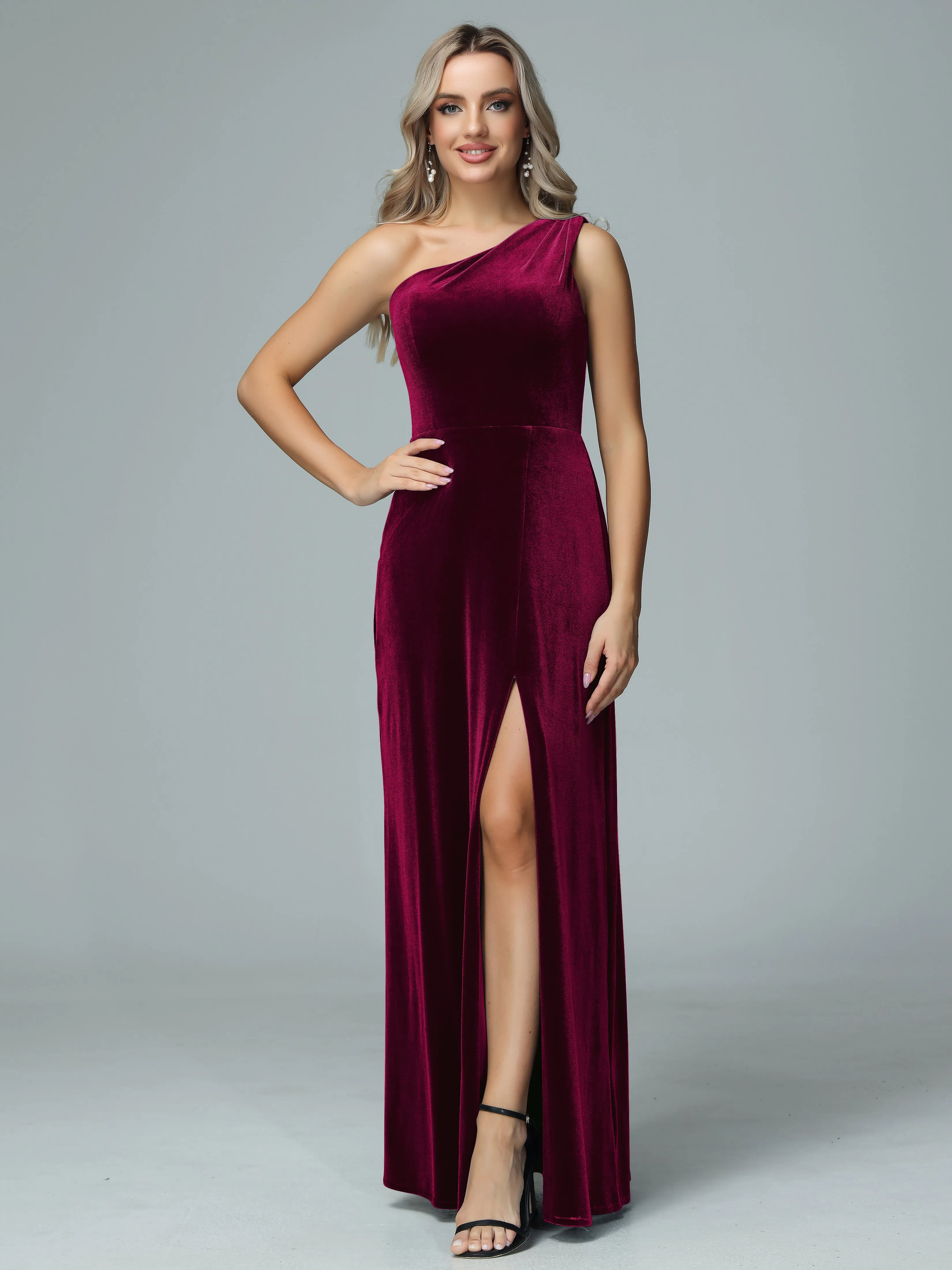 One Shoulder Velvet Bridesmaid Dresses with Slit