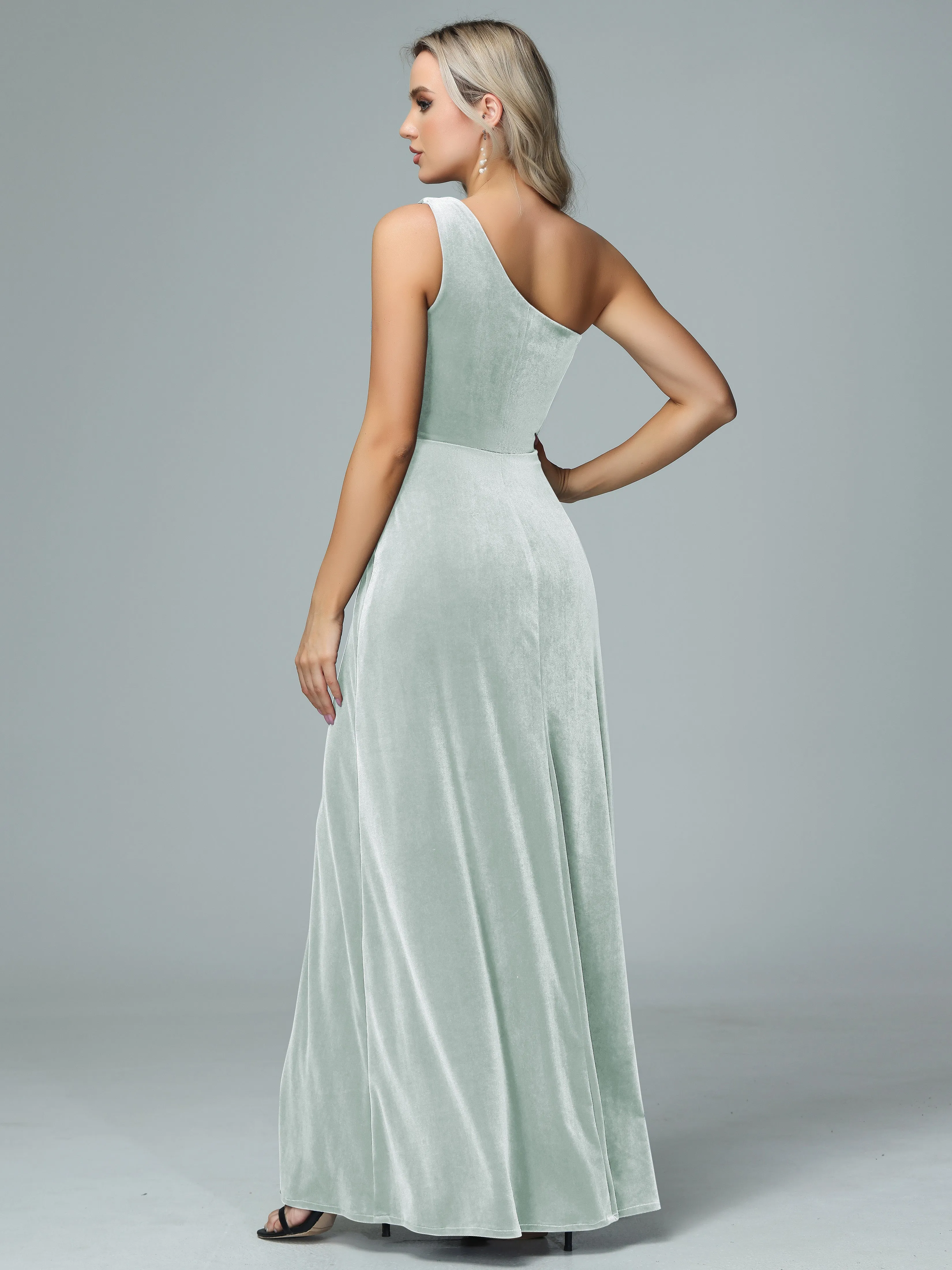 One Shoulder Velvet Bridesmaid Dresses with Slit