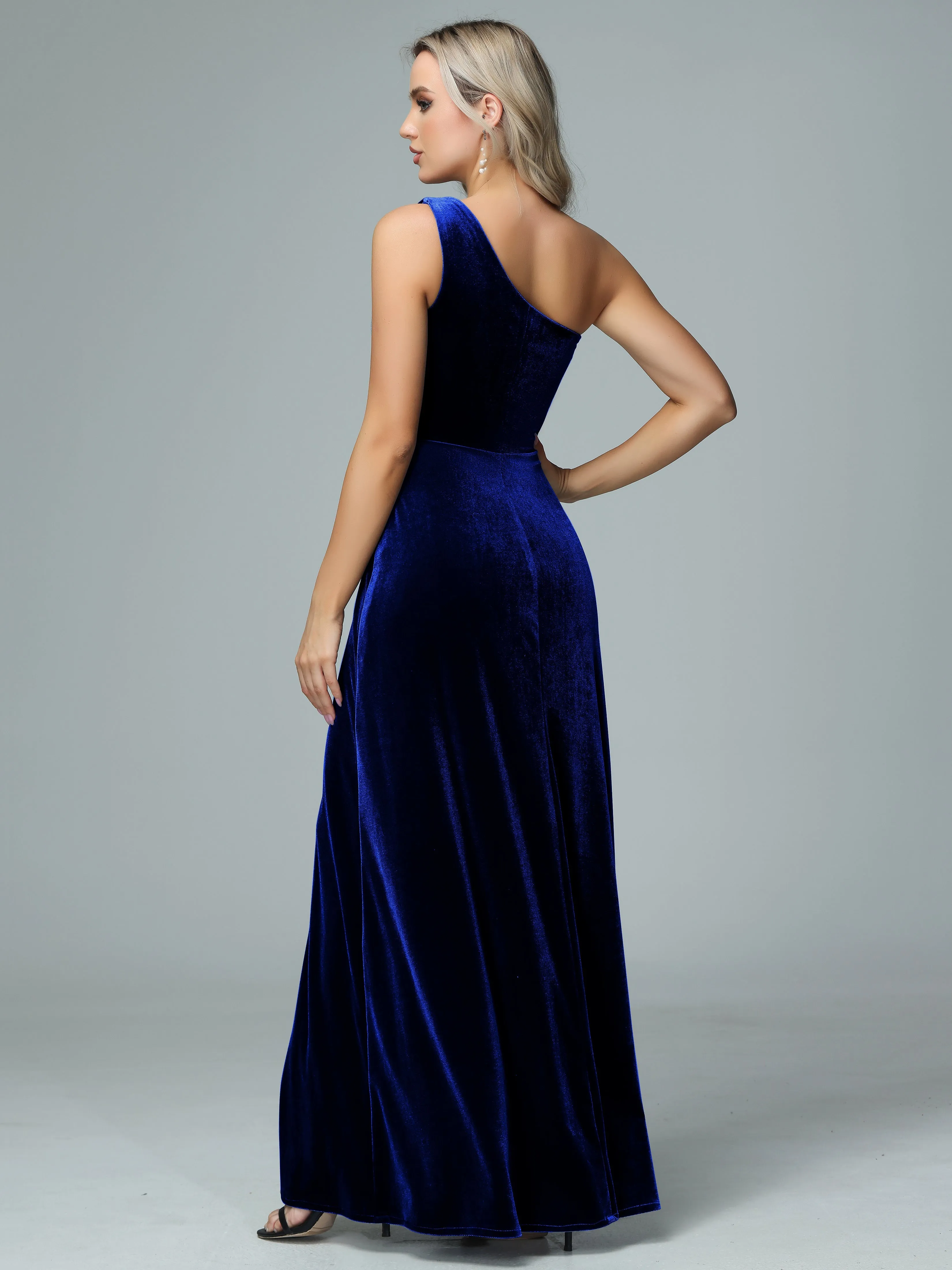 One Shoulder Velvet Bridesmaid Dresses with Slit